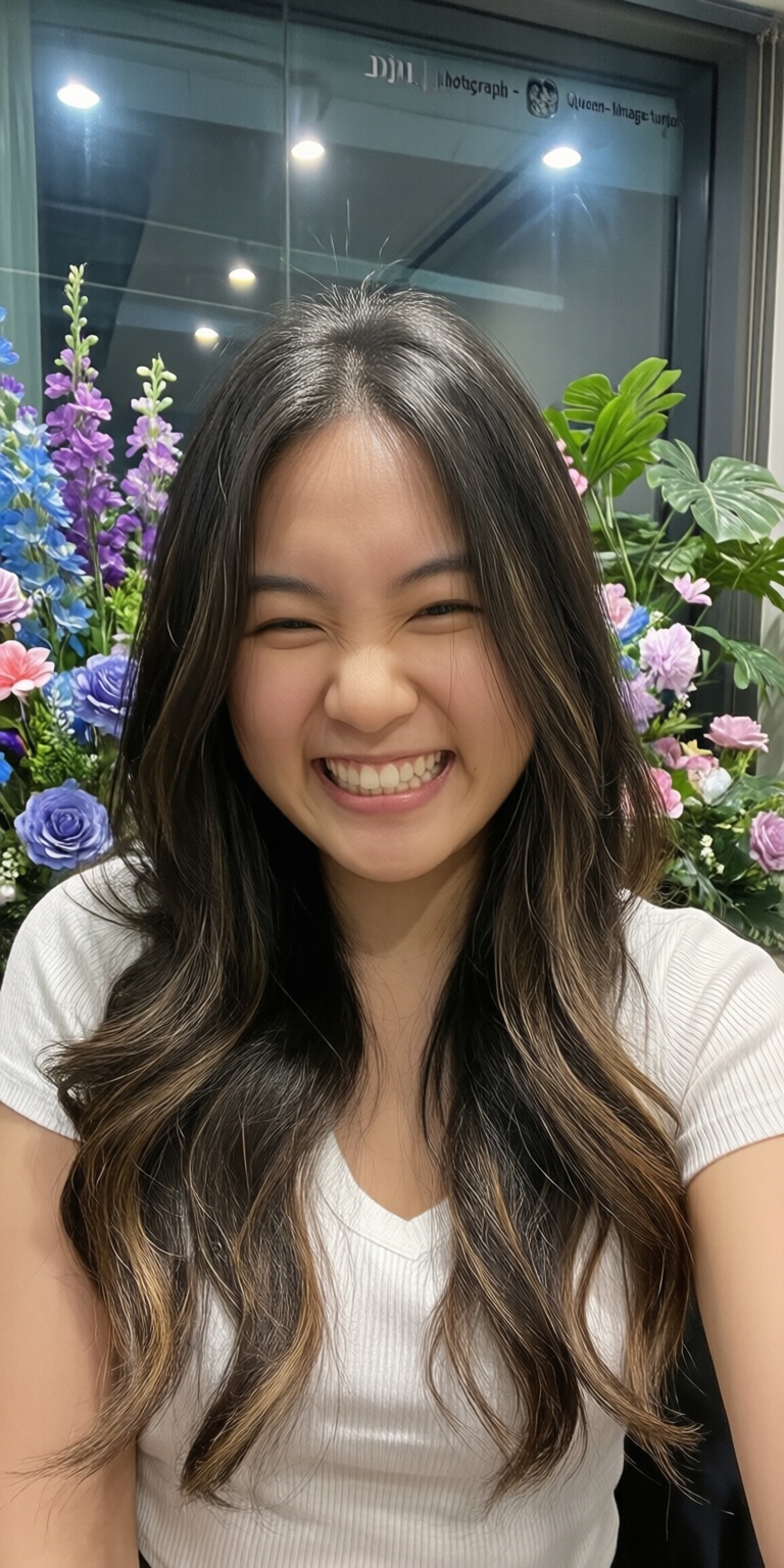 A young woman with long,  dark brown hair that has lighter brown highlights is smiling widely,  her eyes squinted in joy....