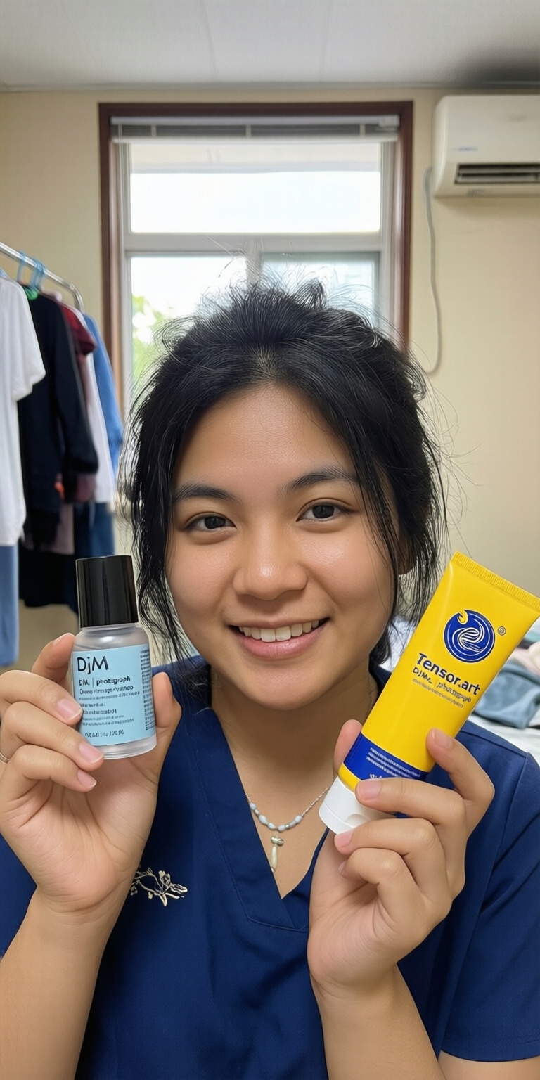 a person with dark,  slightly messy hair,  wearing a blue scrub top with a small white design on the left side. She is hol...