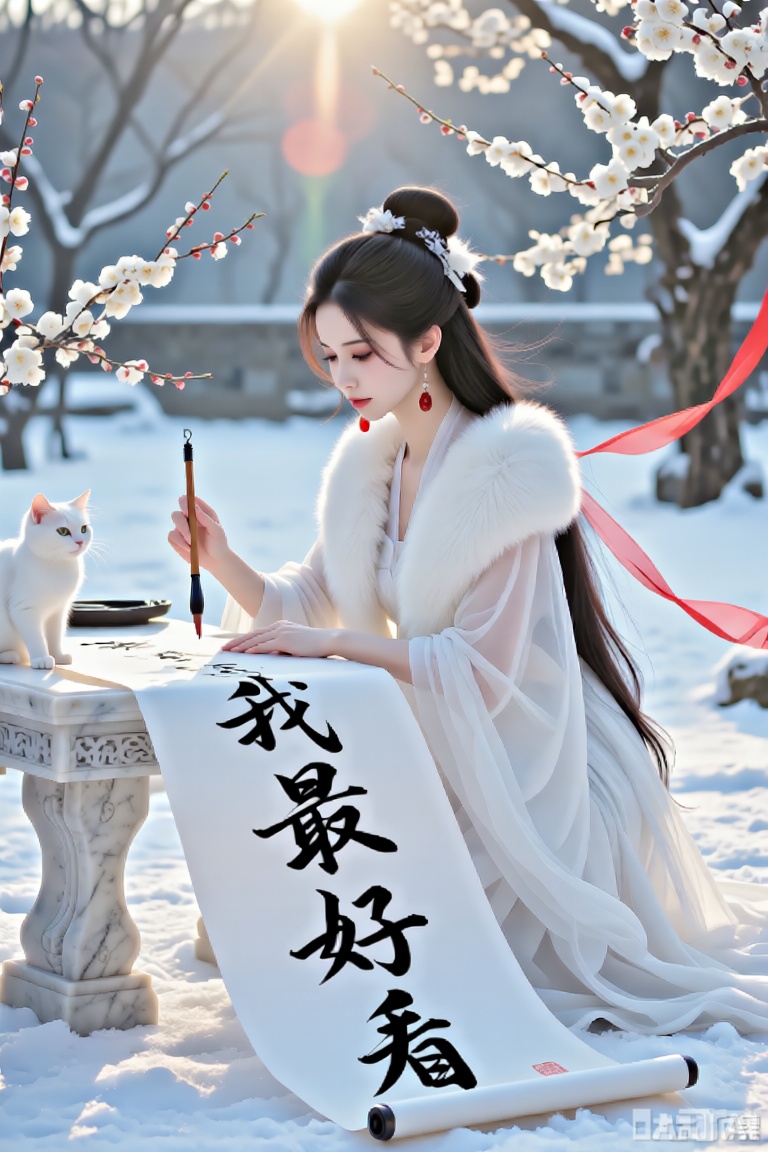 古代绝色美人,在雪地里练习书法,超级大的纸张,纸上写着“我最好看”四个书法大字,白色皮草披肩,高发髻,长发,发丝飘扬,发质很好,红玉髓耳坠,白色纱衣,白色梅花树枝,红色细飘带,飘带飘扬,背光,阳光,光影,面容姣好,唯美浪漫,白玉石桌案,白色小猫