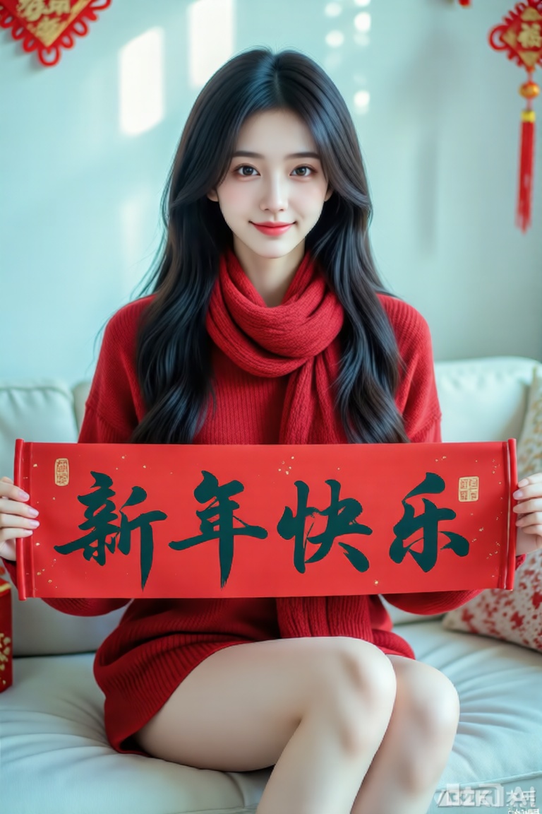 1 个女孩,美女,五官精致秀丽甜美,黑色长发,穿红色毛衣,全身,坐在沙发上,红色围巾,新年喜庆氛围,手拿一个新年快乐的红色横幅上用书法写着“新年快乐”四个大字,正面照,微笑,丁达尔光影,细节描写细致,精美,写实摄影,32K,大师级构图,