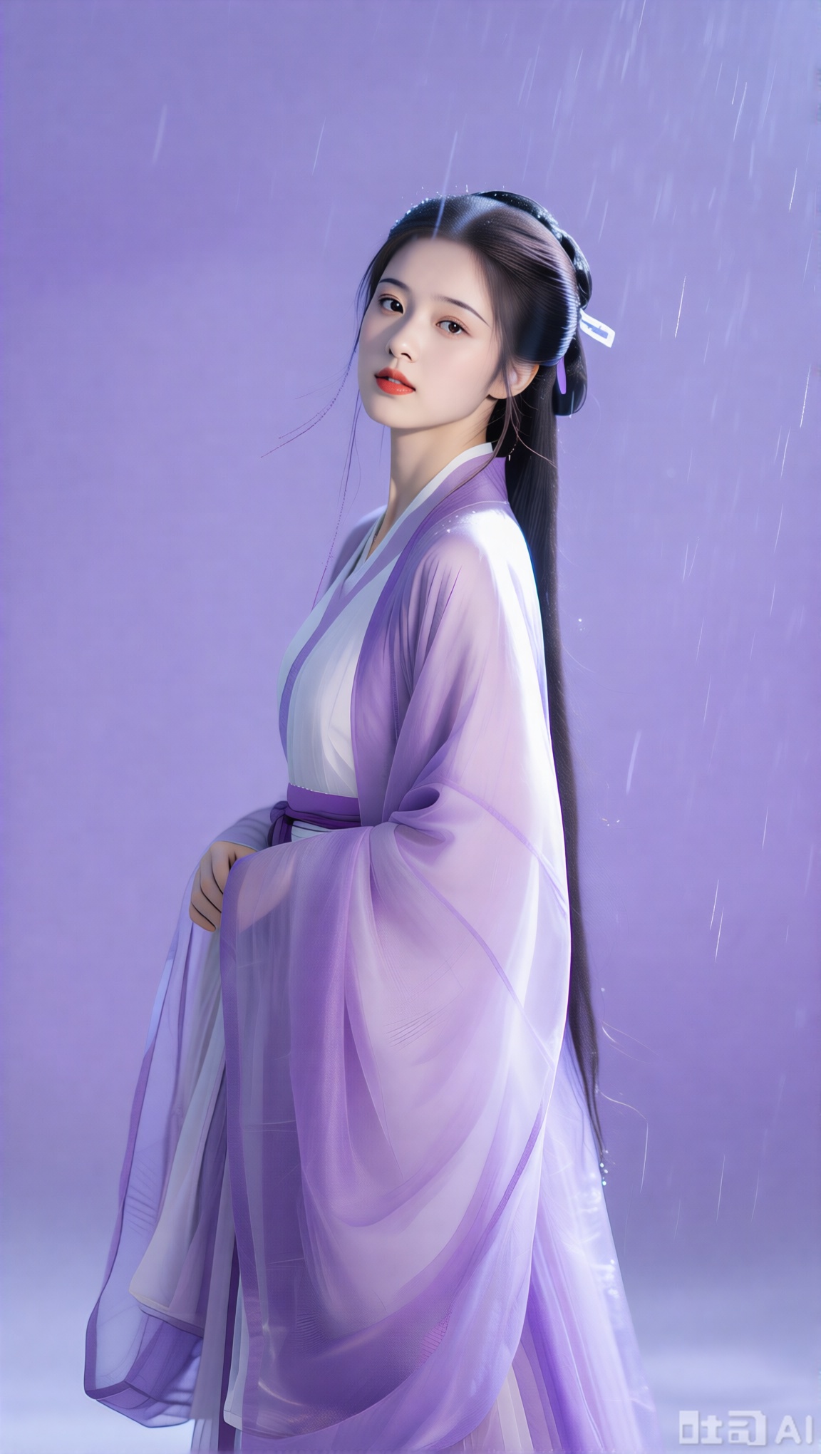 摄影照片,氛围感,紫色等烟雨,国风,东方女孩,紫色系,紫色背景,半透明的颜色,浪漫,古典美人,东方美学,极简风,古韵留白