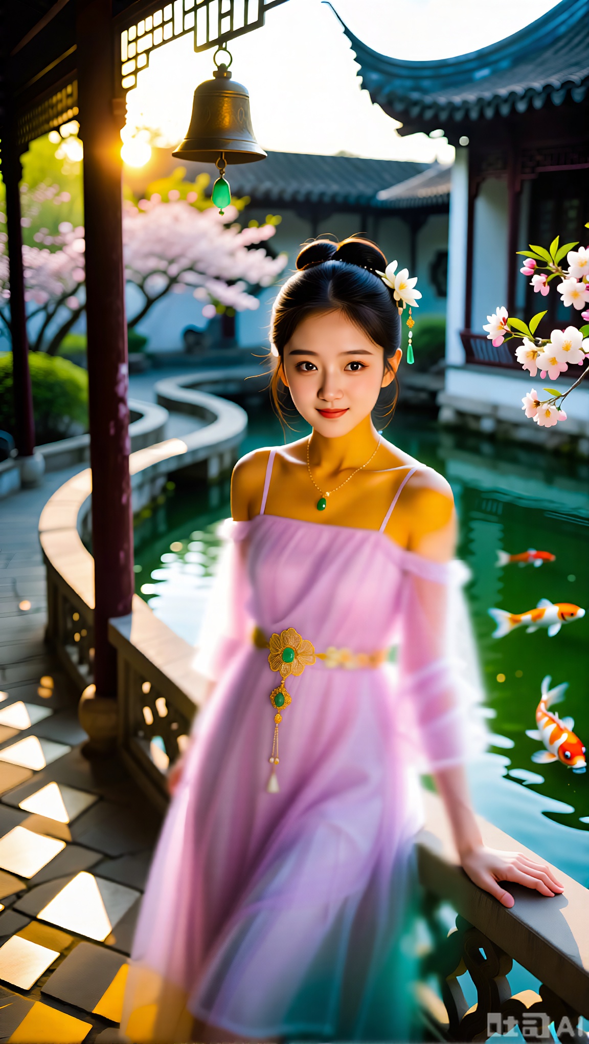 十四五岁国色天香的东方美少女身着藕荷色薄纱吊带裙,露肩处缀满手工苏绣栀子花纹,腰间系着金丝璎珞禁步,乌发绾成垂鬟分肖髻斜插翡翠步摇,杏仁眼噙着笑意倚在雕花栏杆上,背景是暮春时节的古典园林,九曲回廊外锦鲤跃出碧绿池水,夕阳余晖透过海棠花枝在石板上投下菱形光斑,8K画质捕捉纱裙随风扬起的透明层次与瞳孔里的琥珀色光晕,浅景深虚化远处飞檐翘角上铜铃的晃动轨迹