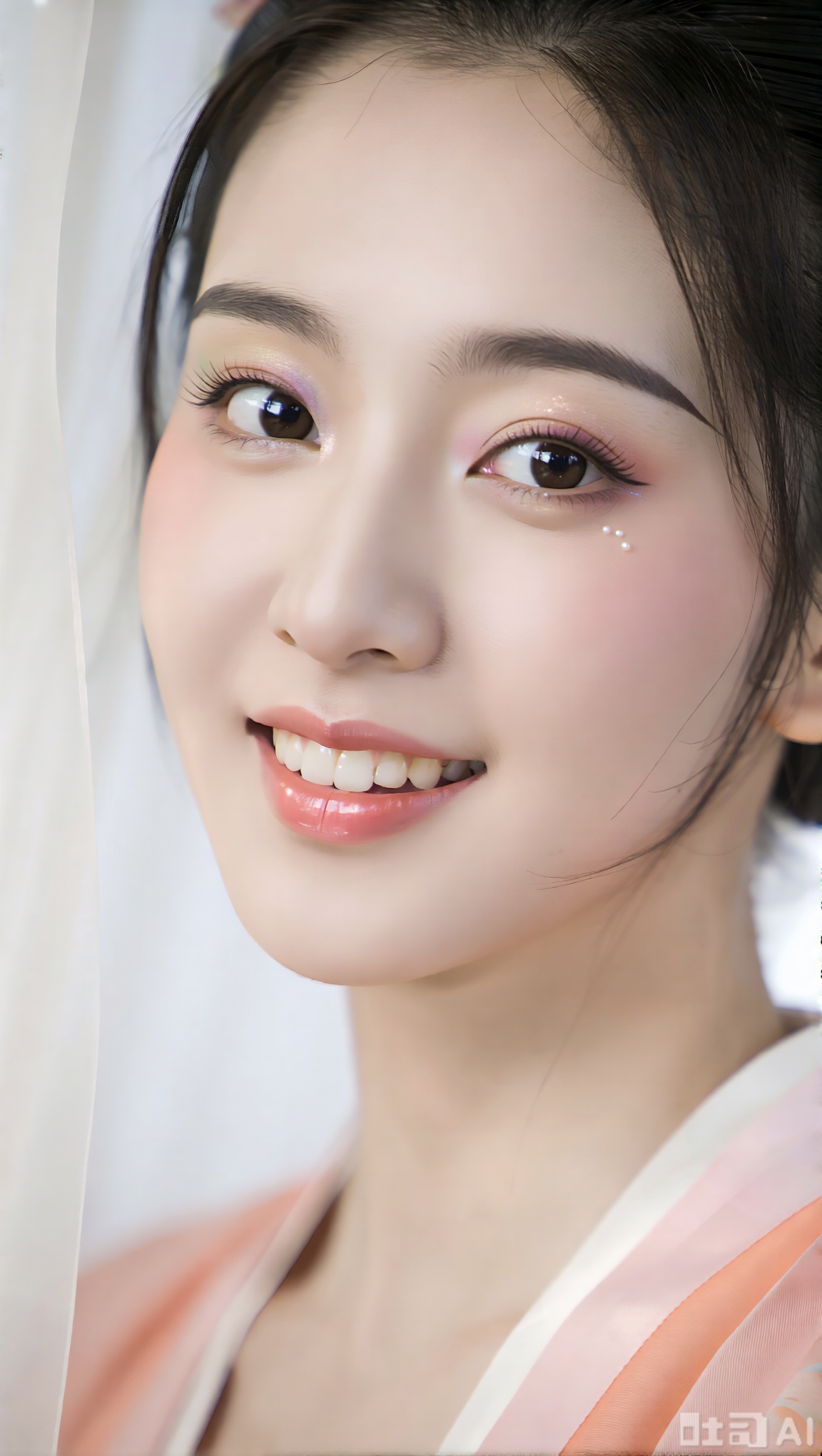 主题描述：东方古典美人脸部特写,杏仁状眼眸含星光,纤长睫毛搭配人鱼姬眼影渐变,樱花粉水光唇妆,雾绒眉形,珊瑚腮红与珍珠高光,空气感碎发修饰轮廓。美学表现：绸缎背景渐变光晕,宋代仕女图工笔纹理与现代商业精修结合。专业参数：16K超清画质,8K肌肤绒毛细节,商业级人像打光,工笔画晕染技法,数码胶片混合质感,壁纸级横构图。微笑