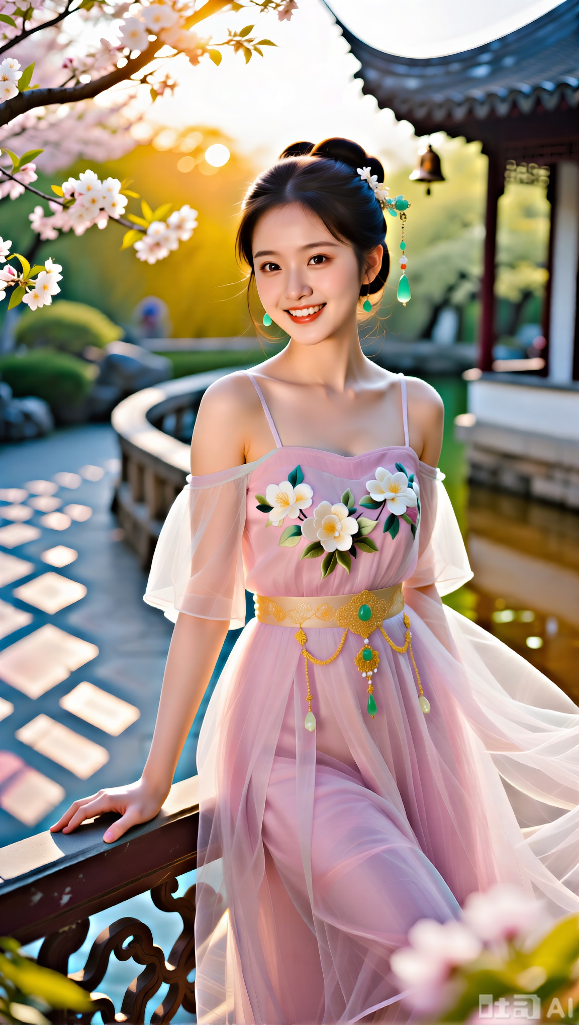 十四五岁国色天香的东方美少女身着藕荷色薄纱吊带裙,露肩处缀满手工苏绣栀子花纹,腰间系着金丝璎珞禁步,乌发绾成垂鬟分肖髻斜插翡翠步摇,杏仁眼噙着笑意倚在雕花栏杆上,背景是暮春时节的古典园林,九曲回廊外锦鲤跃出碧绿池水,夕阳余晖透过海棠花枝在石板上投下菱形光斑,8K画质捕捉纱裙随风扬起的透明层次与瞳孔里的琥珀色光晕,浅景深虚化远处飞檐翘角上铜铃的晃动轨迹