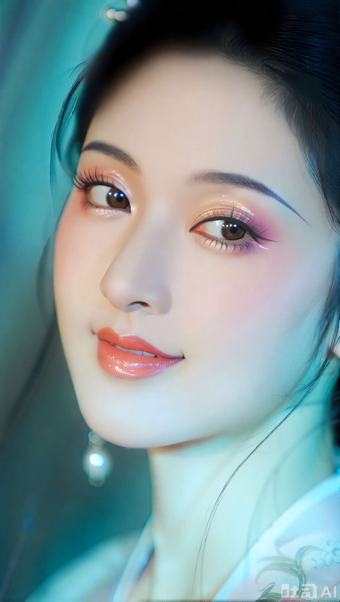 主题描述：东方古典美人脸部特写,杏仁状眼眸含星光,纤长睫毛搭配人鱼姬眼影渐变,樱花粉水光唇妆,雾绒眉形,珊瑚腮红与珍珠高光,空气感碎发修饰轮廓。美学表现：绸缎背景渐变光晕,宋代仕女图工笔纹理与现代商业精修结合。专业参数：16K超清画质,8K肌肤绒毛细节,商业级人像打光,工笔画晕染技法,数码胶片混合质感,壁纸级横构图。微笑