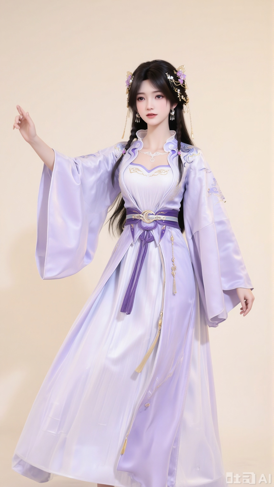 A beautiful woman with long black hair, adorned with exquisite hair accessories, earrings, and a necklace. She wears a Xianxia - style long dress in light purple as the main color, featuring wide sleeves and a skirt with a strong sense of drape. There are delicate cloud - pattern embroideries on the chest, shoulders, and sleeves. A purple sash with a metal buckle decorates the waist.
Pure beige background. Simple background.