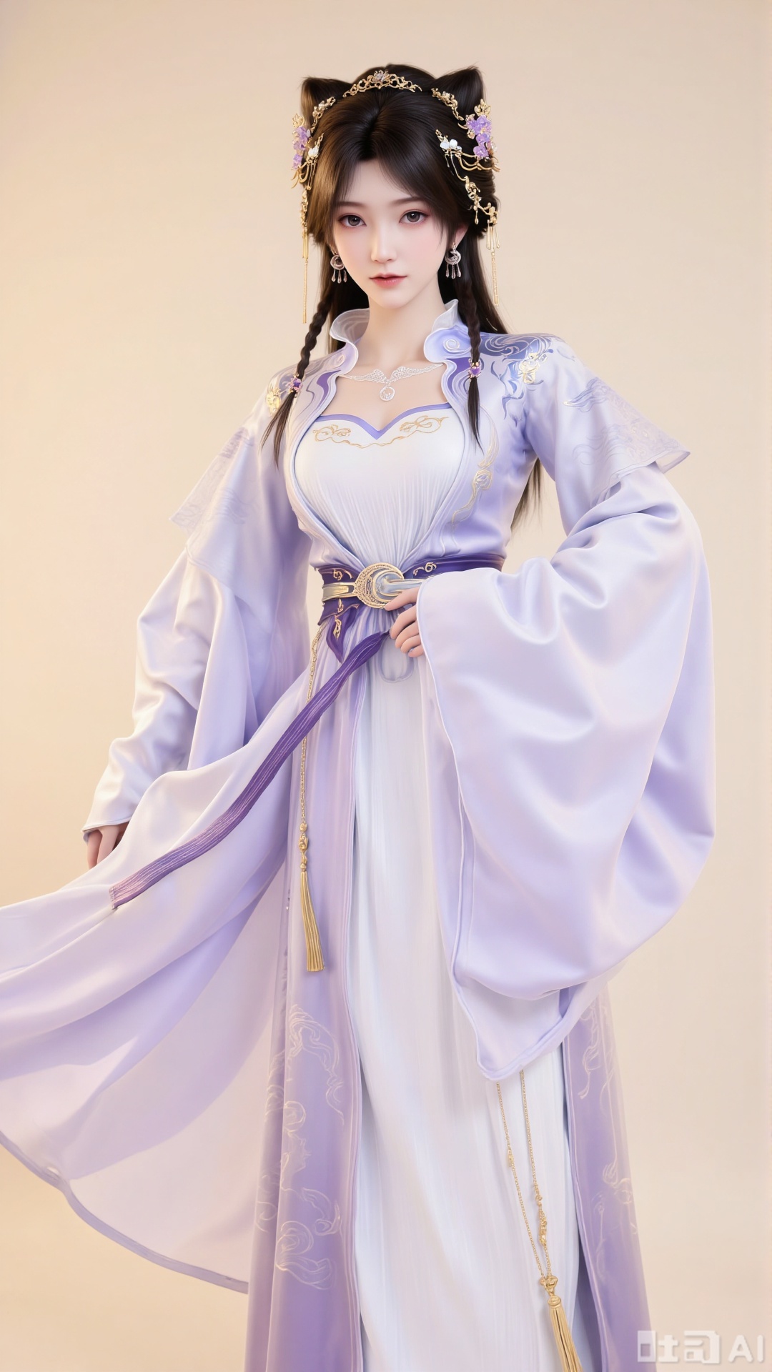 A beautiful woman with long black hair, adorned with exquisite hair accessories, earrings, and a necklace. She wears a Xianxia - style long dress in light purple as the main color, featuring wide sleeves and a skirt with a strong sense of drape. There are delicate cloud - pattern embroideries on the chest, shoulders, and sleeves. A purple sash with a metal buckle decorates the waist.
Pure beige background. Simple background.