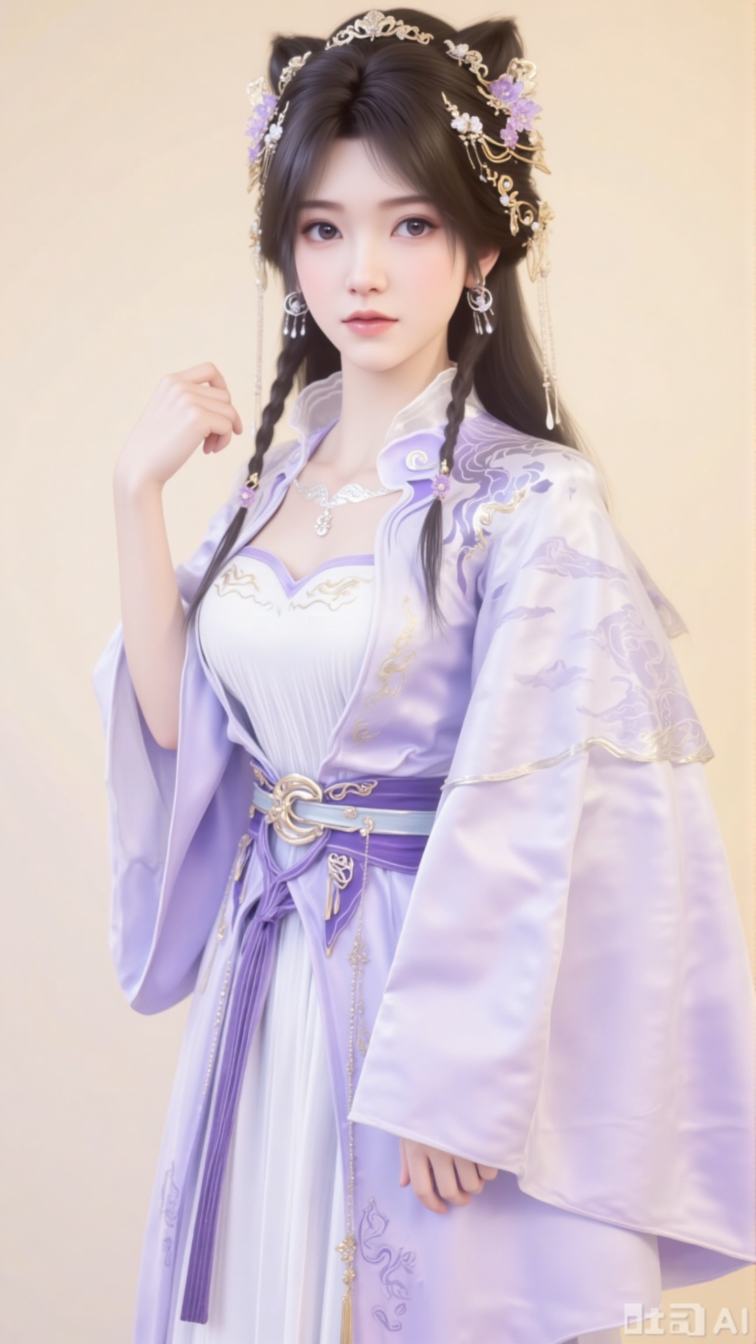 A beautiful woman with long black hair, adorned with exquisite hair accessories, earrings, and a necklace. She wears a Xianxia - style long dress in light purple as the main color, featuring wide sleeves and a skirt with a strong sense of drape. There are delicate cloud - pattern embroideries on the chest, shoulders, and sleeves. A purple sash with a metal buckle decorates the waist.
Pure beige background. Simple background.