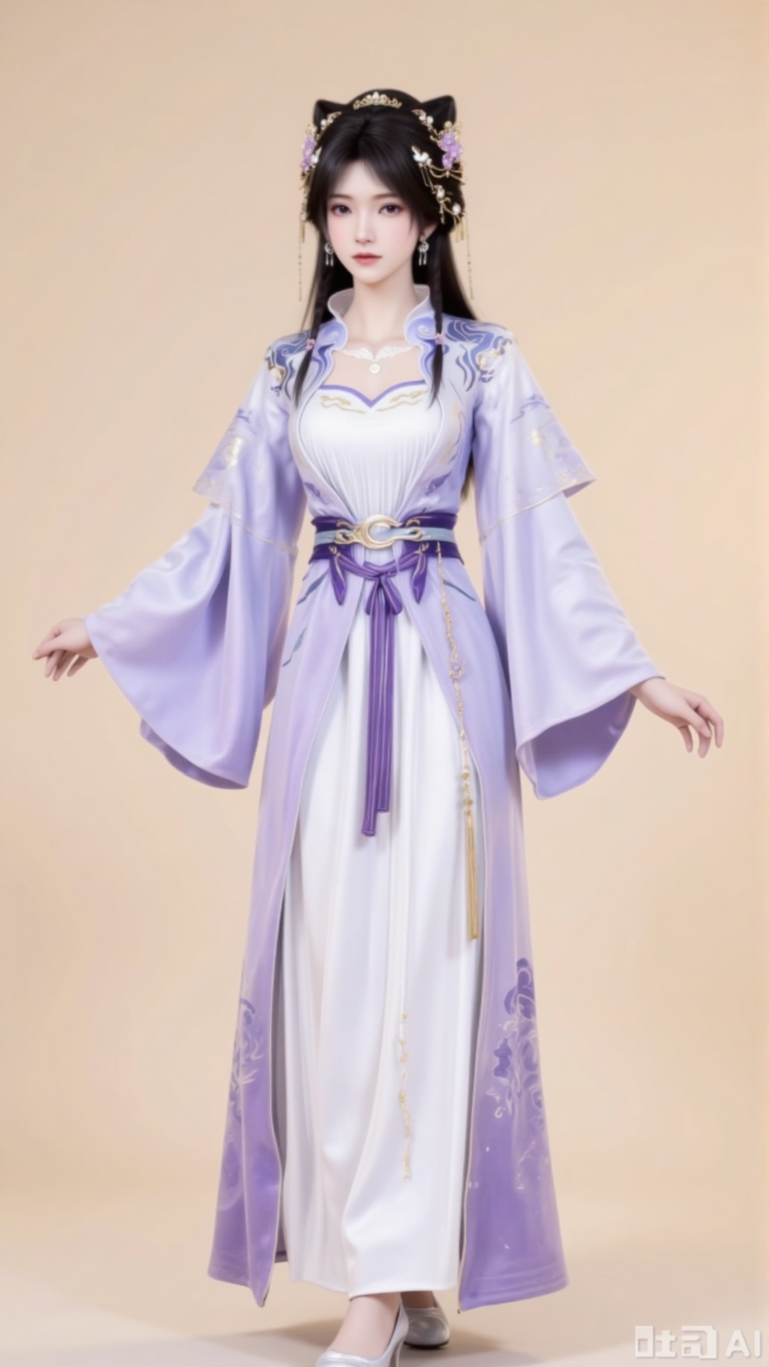 A beautiful woman with long black hair, adorned with exquisite hair accessories, earrings, and a necklace. She wears a Xianxia - style long dress in light purple as the main color, featuring wide sleeves and a skirt with a strong sense of drape. There are delicate cloud - pattern embroideries on the chest, shoulders, and sleeves. A purple sash with a metal buckle decorates the waist.
Pure beige background. Simple background.