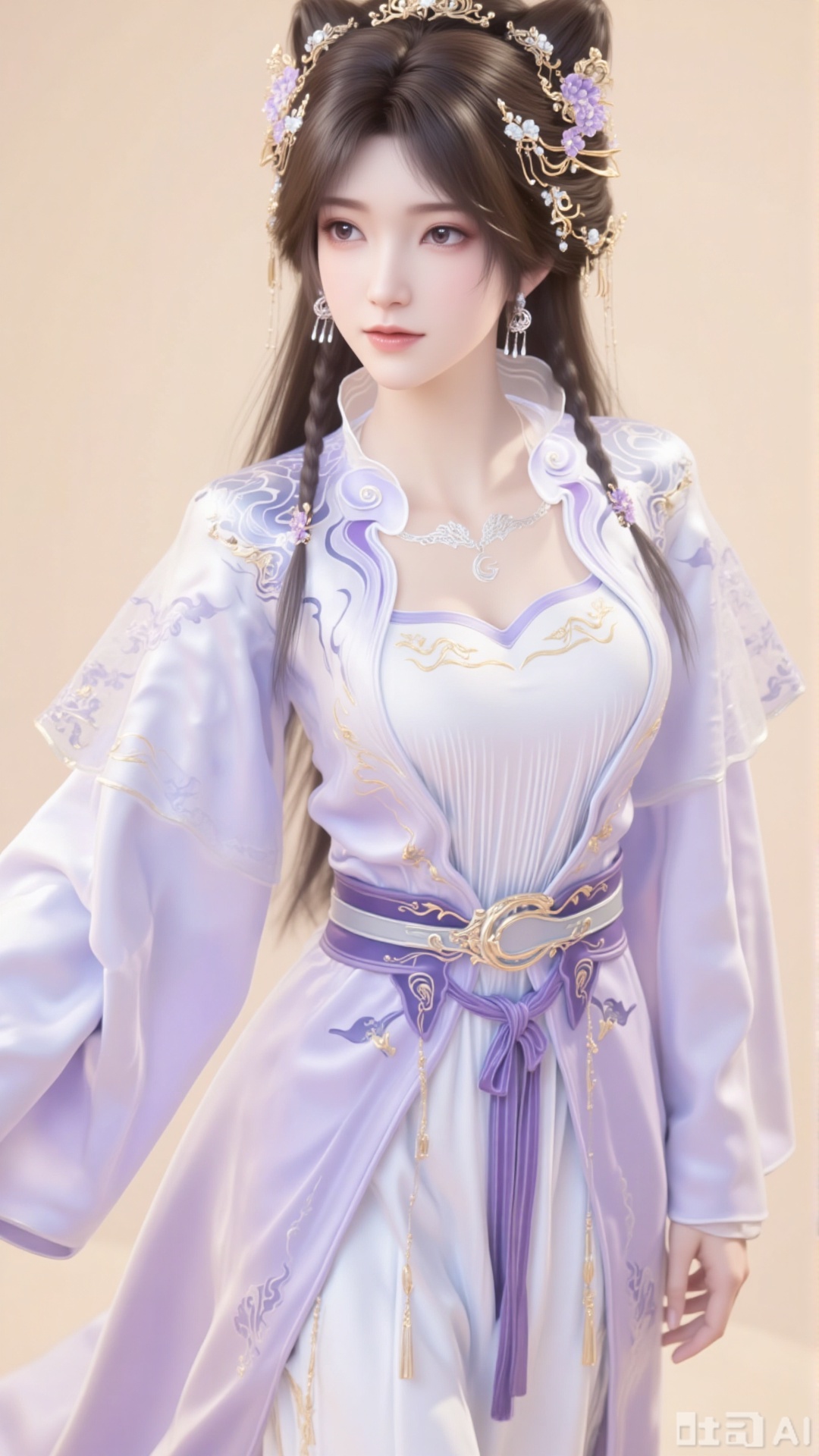 A beautiful woman with long black hair, adorned with exquisite hair accessories, earrings, and a necklace. She wears a Xianxia - style long dress in light purple as the main color, featuring wide sleeves and a skirt with a strong sense of drape. There are delicate cloud - pattern embroideries on the chest, shoulders, and sleeves. A purple sash with a metal buckle decorates the waist.
Pure beige background. Simple background.