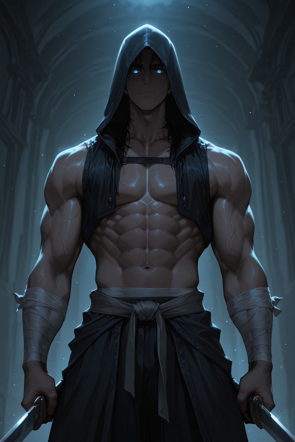 ......... ,  ,  black aura manhwa solo blue eyes black hair 1boy holding weapon male focus sword hood holding weapon glowi...