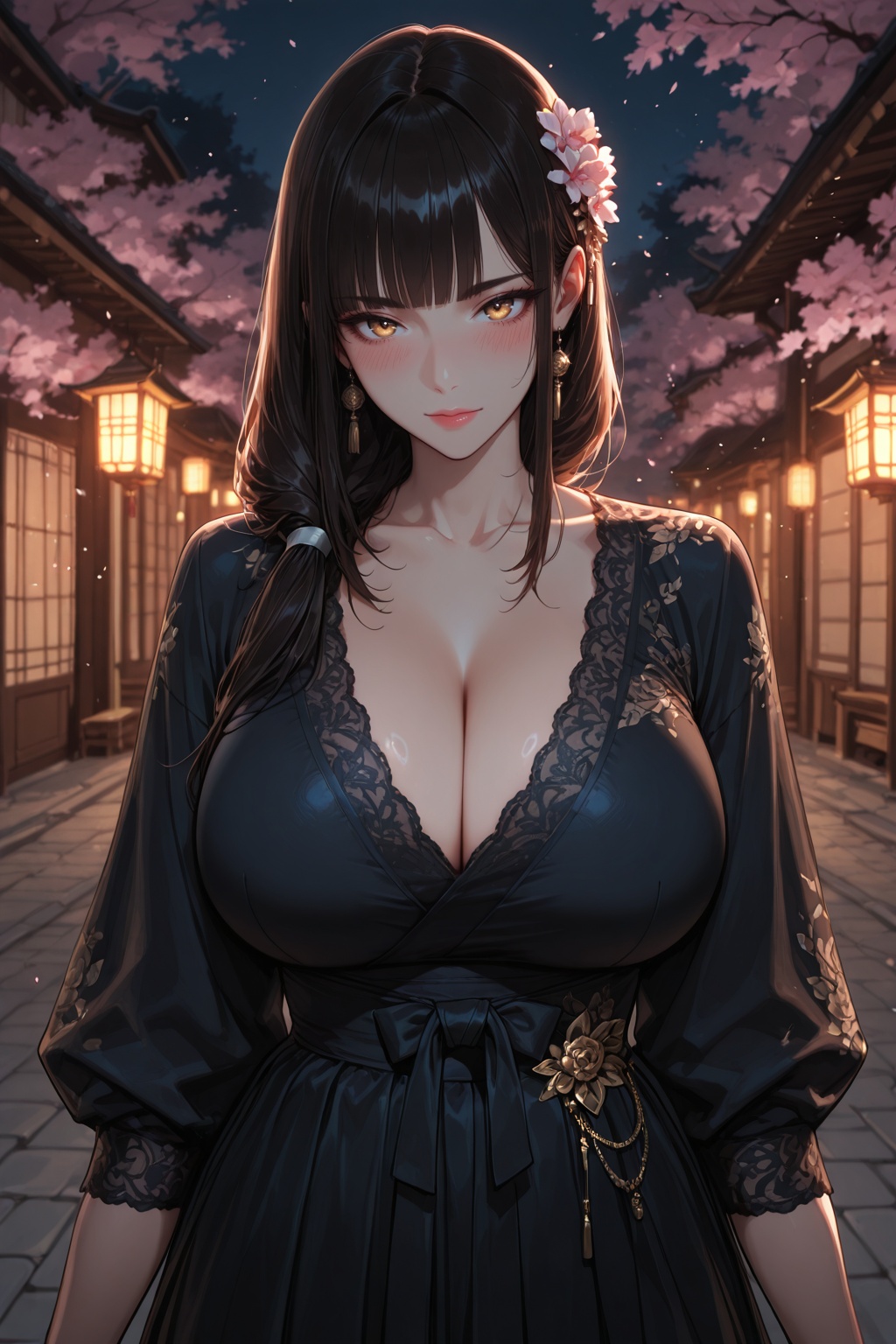 ......... . Solo graceful attendant with subtle muscle definition,  huge breasts in a modernized hanbok: pale peach jeogor...