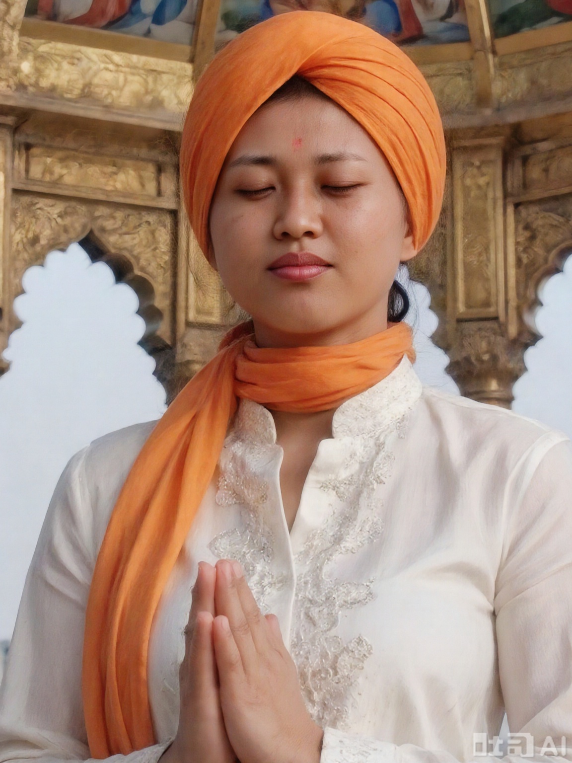 Portrait of the upper body, Sikh woman wearing an orange cotton headscarf, the headscarf wrapped in a bun and hangs neatly behind her shoulders, paired with a white standing collar kurta (traditional long gown); the background is under the dome of the golden temple, natural light passes through the painted glass, she closes her eyes and prays, with a quiet expression, a sacred atmosphere, high-definition details