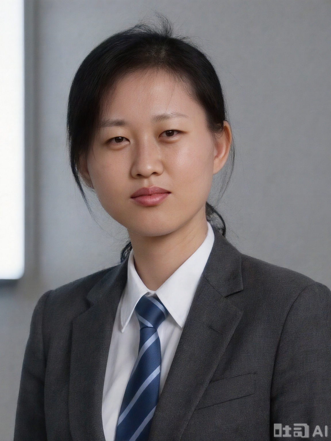 Scene: Pure gray background wall, flat and textureless surface, soft light boxes on both sides provide uniform light, eliminate shadows, and create a professional and simple shooting environment.​
Character: A woman wearing a dark gray suit jacket, wearing a white shirt inside, full breasts, perfect breasts, a dark blue striped tie, and a regular neckline. The hair is neatly combed, and the forehead is covered without bangs, and the ears are completely exposed. His expression is serious and natural, he looks ahead, his eyes are firm, his lips are lightly closed, showing a steady and capable business temperament, and his facial makeup is clean and clear, highlighting his professional sense.​
Atmosphere: rigorous and formal, conveying a reliable workplace image.​
Parameters: 8K resolution, f/2.8 aperture, shutter speed 1/125s, ISO 100, use a 50mm lens, flat viewing angle to ensure normal facial features. The color is restored to the real, without obvious tone tendency, and the sharpness is increased by 10%, so that the details of the facial features are clear and meet the requirements of clear and standardized ID photos.