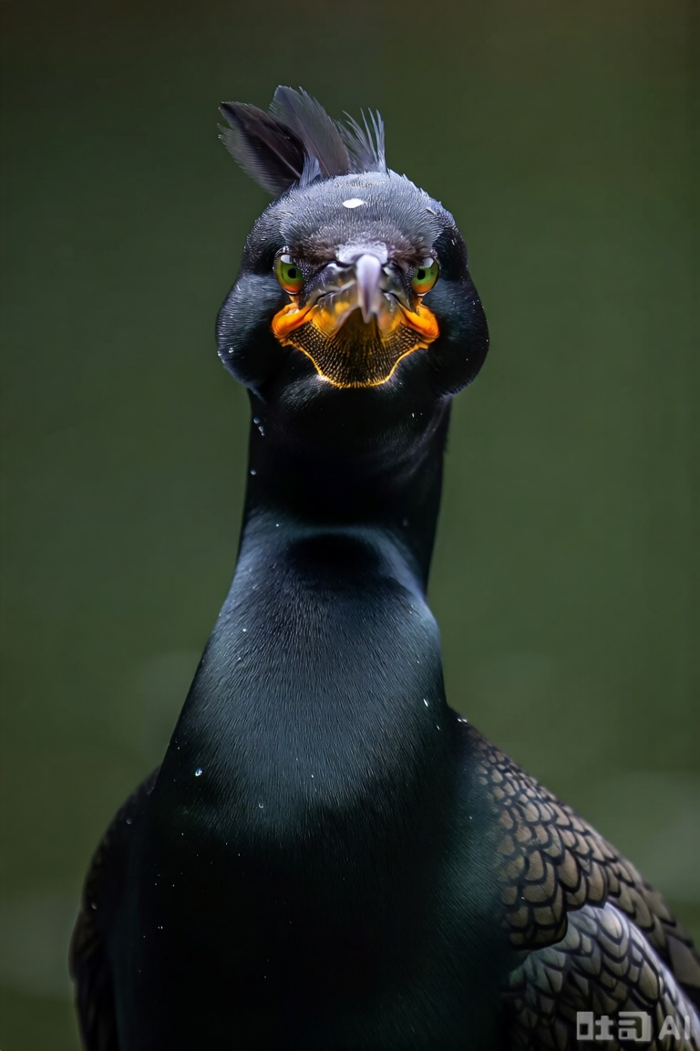 4k,A photograph of a black cormorant with striking orange eyes and a distinctive tuft of feathers on its head. The bird's glossy, wet feathers glisten against a blurred dark green background, emphasizing its sleek, streamlined body and sharp beak. The image captures the bird's intense gaze and intricate feather details.