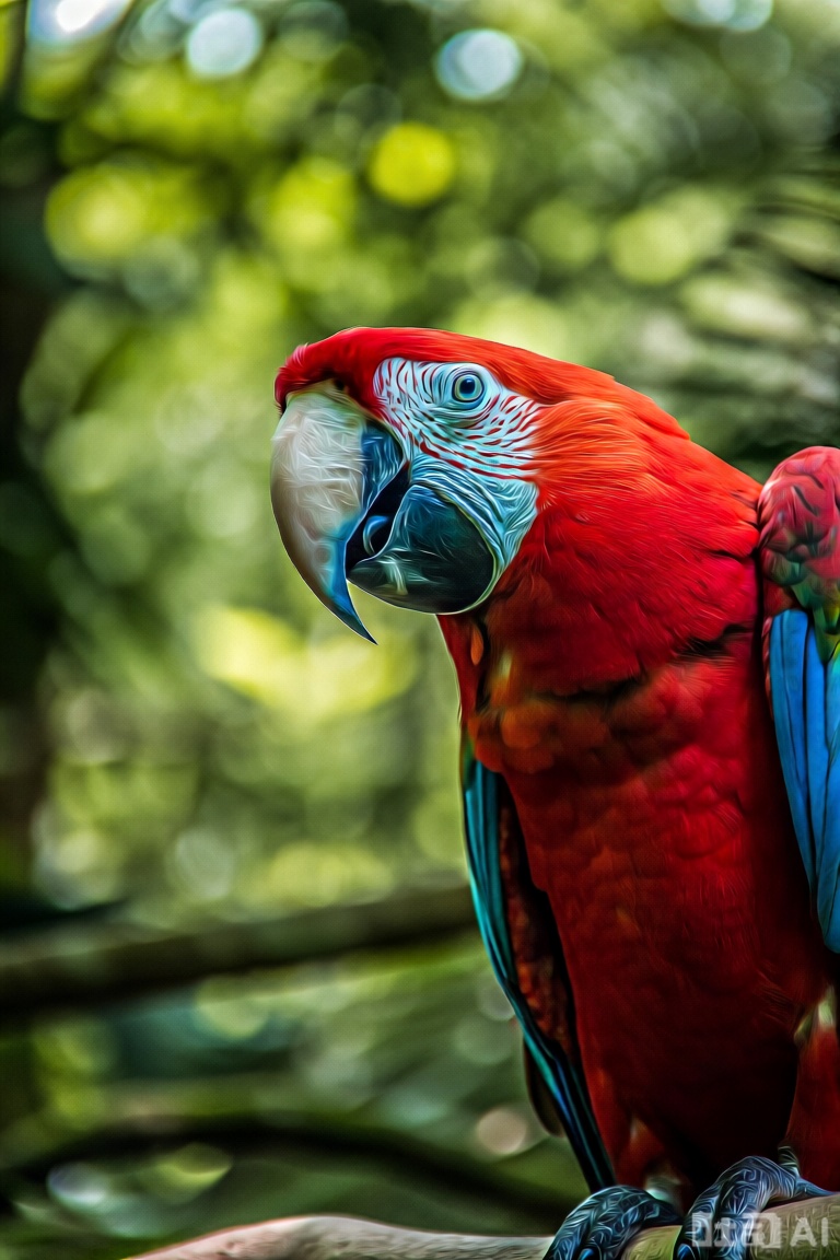 4k,A vibrant photograph of a Scarlet Macaw perched on a branch. The bird's striking red feathers contrast with its blue and white facial markings. The background is a lush, blurred green forest, with sunlight filtering through leaves, creating a serene, tropical ambiance. The macaw's vivid colors and detailed plumage are sharply focused, highlighting its beauty.