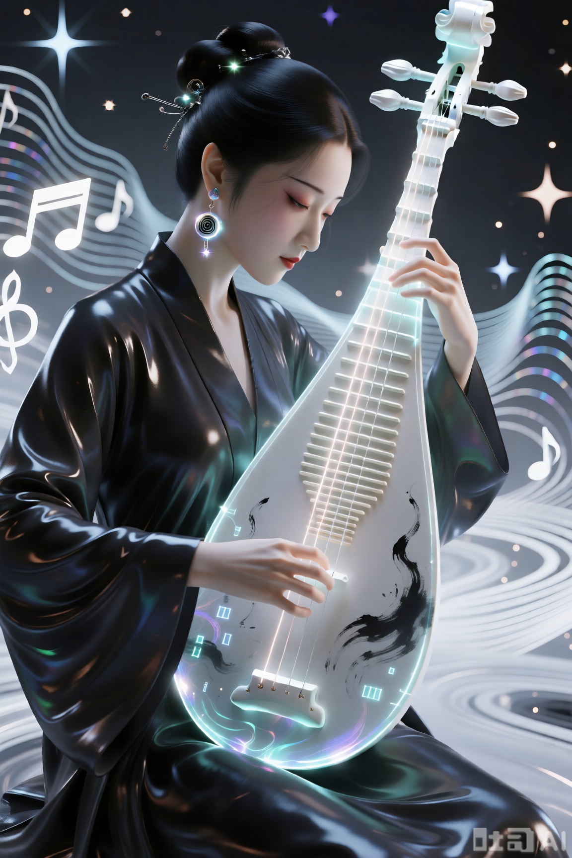 ​量子乐师·弦音​：音乐家演奏特写,乐器是光弦与holographic 界面,拨动琴弦泛起水墨涟漪与量子比特闪光。耳饰为微型悬浮音响,身着暗色光泽长袍。周围空间扭曲,布满音乐可视化的几何波形与星点,Cycles渲染,梦核超现实。











