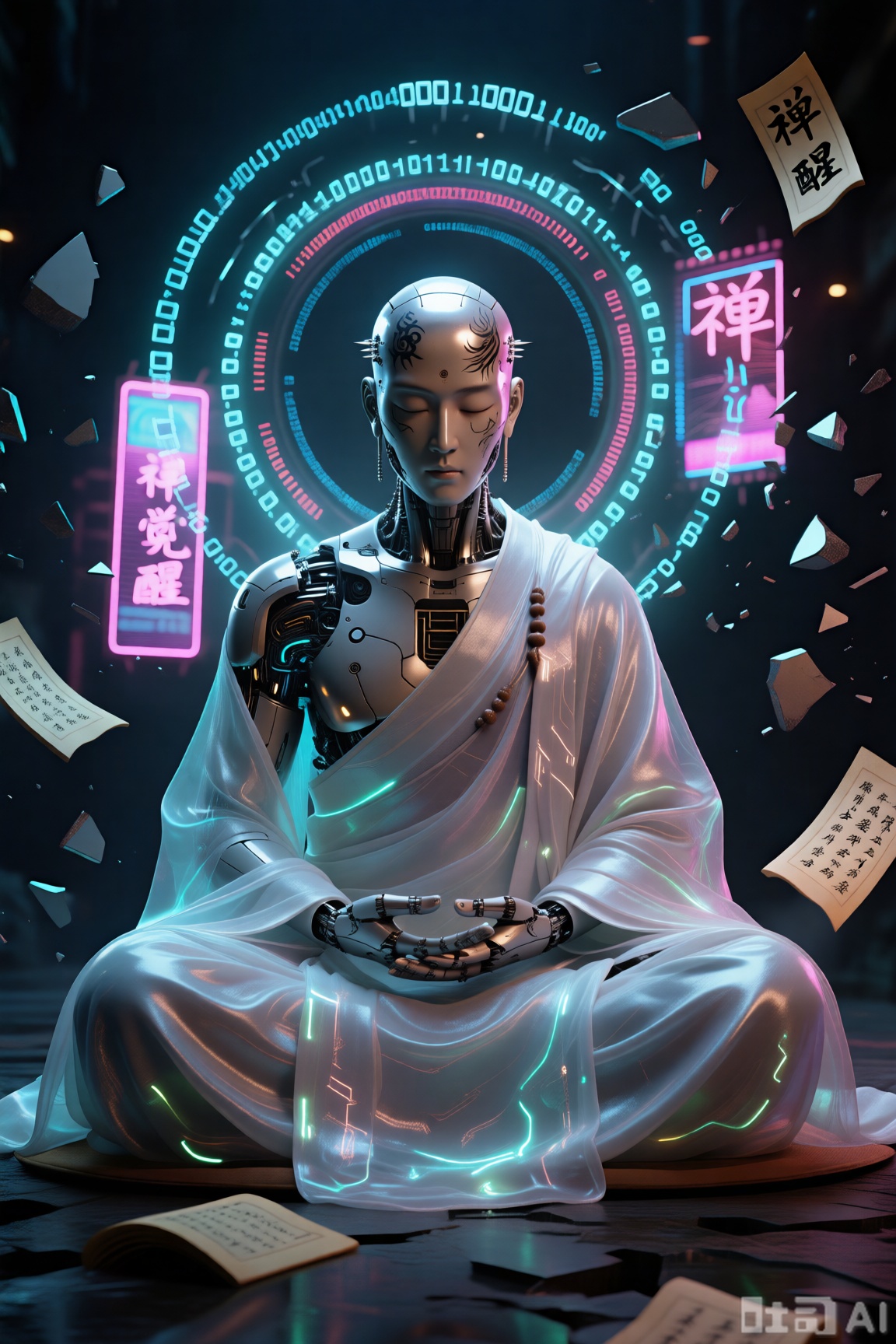 ​霓虹禅意·觉醒​：机械僧侣冥想姿态,金属头颅覆盖刺青电路,僧袍为半透明发光织物,背后悬浮多重佛环由代码与霓虹广告牌构成。周围漂浮破碎的汉字与全息经卷,Cycles渲染,暗调环境,焦点集中面部,氛围宁静又充满张力。



