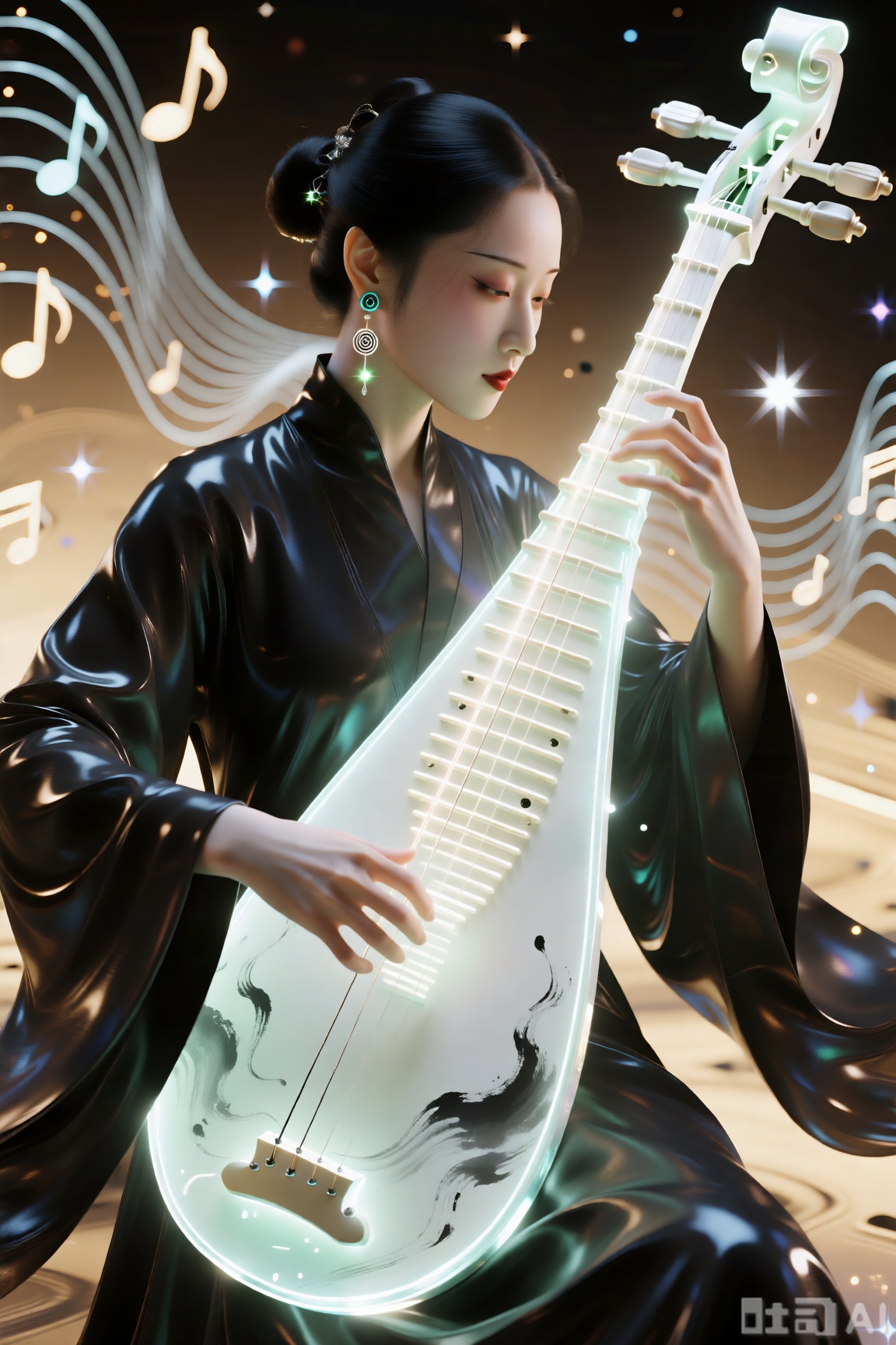 ​量子乐师·弦音​：音乐家演奏特写,乐器是光弦与holographic 界面,拨动琴弦泛起水墨涟漪与量子比特闪光。耳饰为微型悬浮音响,身着暗色光泽长袍。周围空间扭曲,布满音乐可视化的几何波形与星点,Cycles渲染,梦核超现实。











