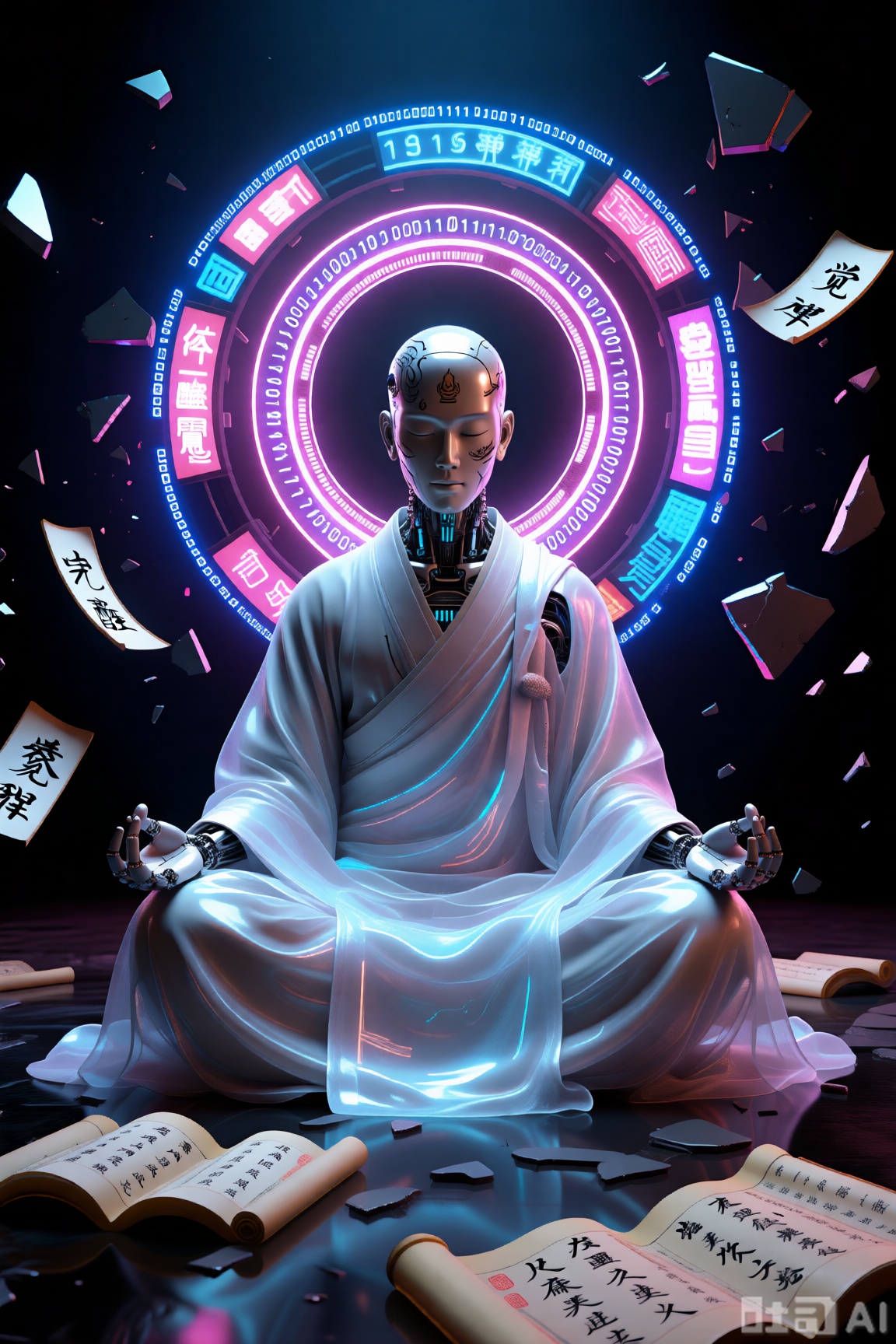 ​霓虹禅意·觉醒​：机械僧侣冥想姿态,金属头颅覆盖刺青电路,僧袍为半透明发光织物,背后悬浮多重佛环由代码与霓虹广告牌构成。周围漂浮破碎的汉字与全息经卷,Cycles渲染,暗调环境,焦点集中面部,氛围宁静又充满张力。



