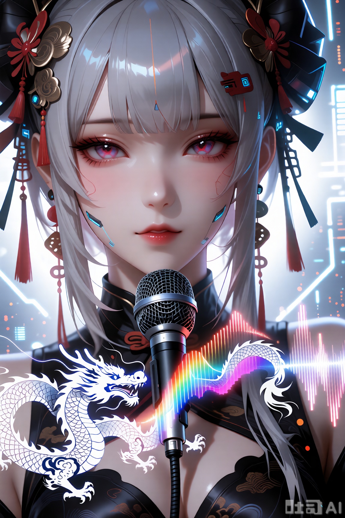 ​虚空歌姬·脉冲​：虚拟歌姬特写,面部融合传统饰物与科技接口,麦克风线变为光束连接虚空,音波可视化为水墨龙形与频谱脉冲。OC渲染,极致细节皮肤质感,背景是抽象的数据深渊,充满发光线条与噪点。





