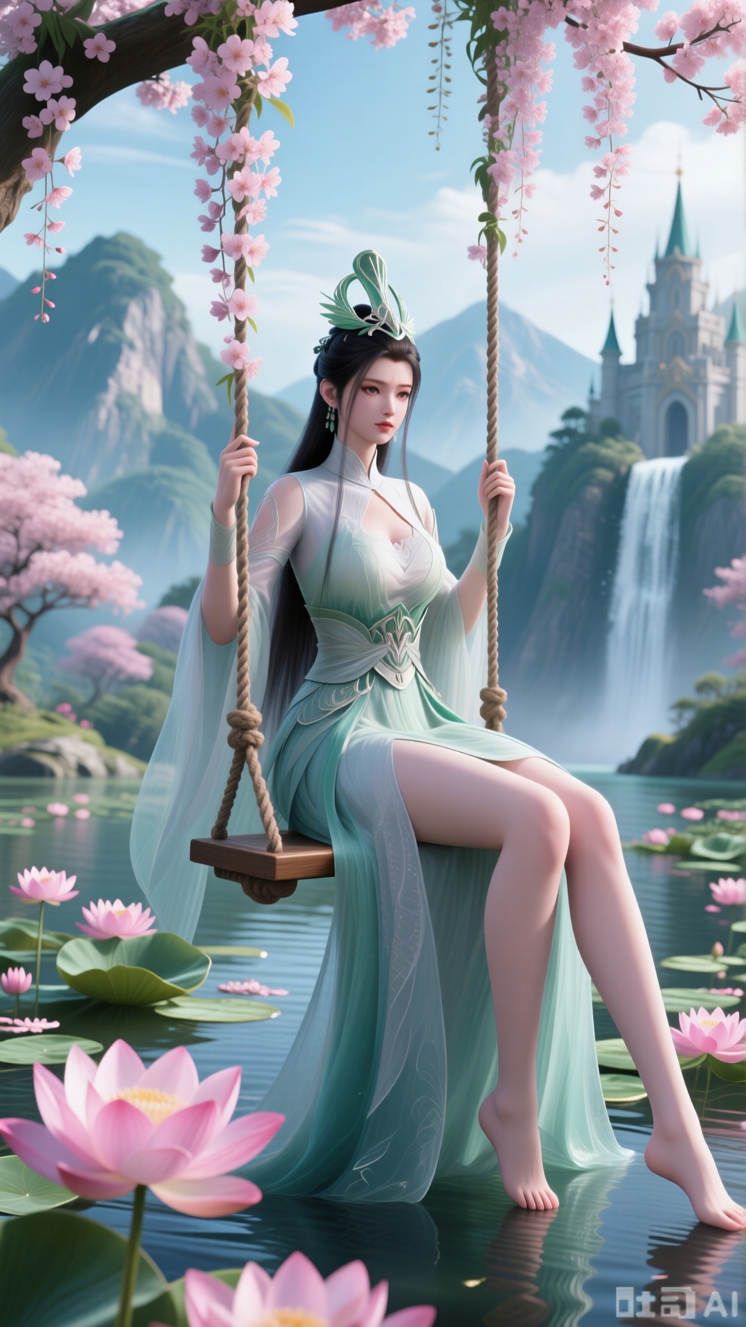 (masterpiece, top quality, best quality, official art, beautiful and aesthetic:1.2),Dynamic posture,(Sitting on the swing:1.39),natural skin texture,(Milky skin:1.2),1gir,solo,long Dress, (Long legs, perfect proportions:1.2),(Sakura, butterfly:1.29),(huge breasts,full breasts:1.59),Wisteria, wisteria flowers, castle, waterfall, mountains in the distance,,(Background with lotus pond and pink lotus flowers:1.39),,XlujiajiaQw,XmupeulingHY3,XiPhone17Pro