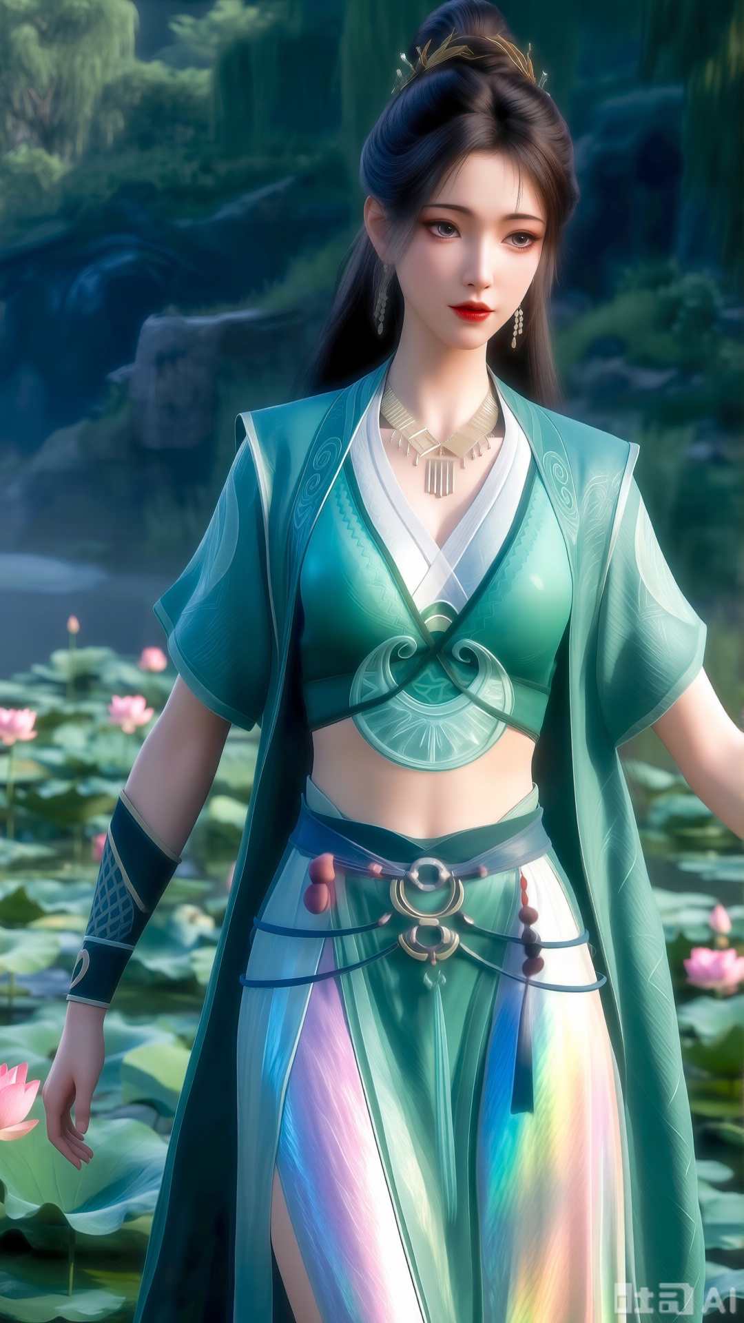(masterpiece, best quality:1.2),1girl, navel, solo, midriff, bare shoulders, hair ornament,(long hair),(High double ponytail:1.49), red lips, BREAK, (looking at viewer:1.39), chinese clothes,(Holographic long dress:1.36), (lace,Rainbow Gradient Color:1.28), BREAK,blurry, solo focus, long hair, lips, daytime, lipstick, outdoors, standing,upper body,(huge breasts:2.89), background, solo, makeup,(huge breasts,full breasts:1.39),,(Background with lotus pond and pink lotus flowers:1.39),,XlujiajiaQw,XmupeulingHY3,XiPhone17Pro