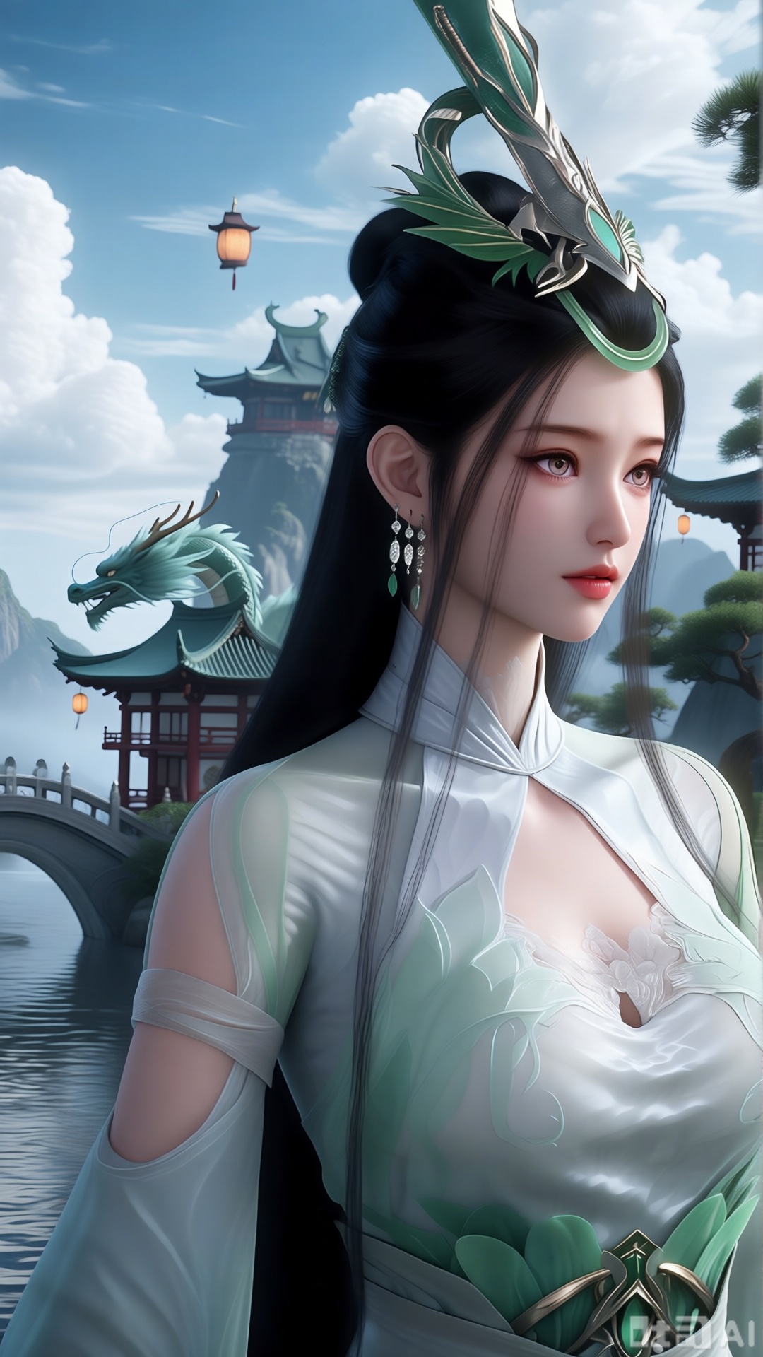 (masterpiece, best quality:1.2),1 girl, solo, long hair, black hair, hair accessories, clothing, cleavage cuts, long dress, jewelry, upper body, earrings. Background is outdoor, sky, clouds, water, trees, architecture, landscape, lantern, mountain, dragon, architecture, bridge, east Asian architecture, fog, pagoda,,(huge breasts:1.39),(full breasts:1.39)XlujiajiaQw,XmupeulingHY3,XiPhone17Pro