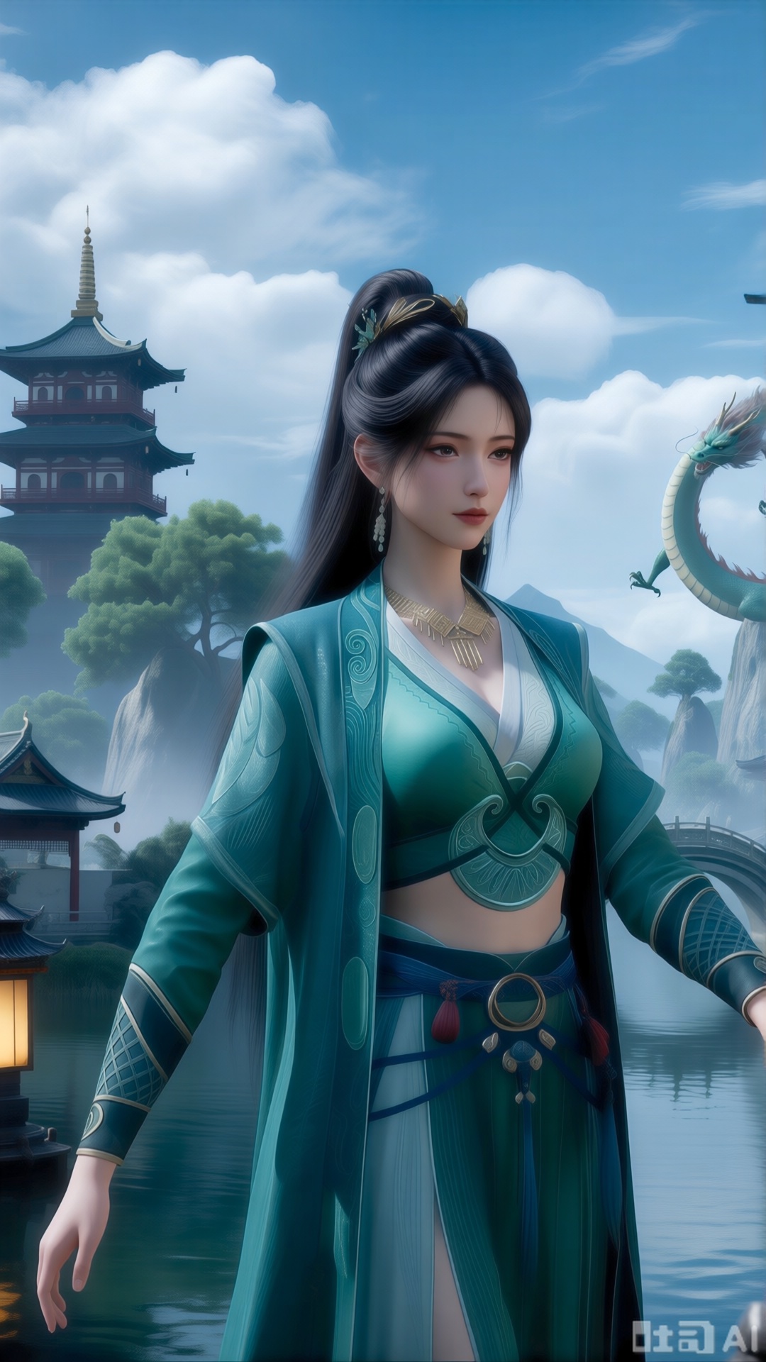 (masterpiece, best quality:1.2),1 girl, solo, long hair, black hair, hair accessories, clothing, cleavage cuts, long dress, jewelry, upper body, earrings. Background is outdoor, sky, clouds, water, trees, architecture, landscape, lantern, mountain, dragon, architecture, bridge, east Asian architecture, fog, pagoda,,(huge breasts:1.39),(full breasts:1.39)XlujiajiaQw,XmupeulingHY3,XiPhone17Pro