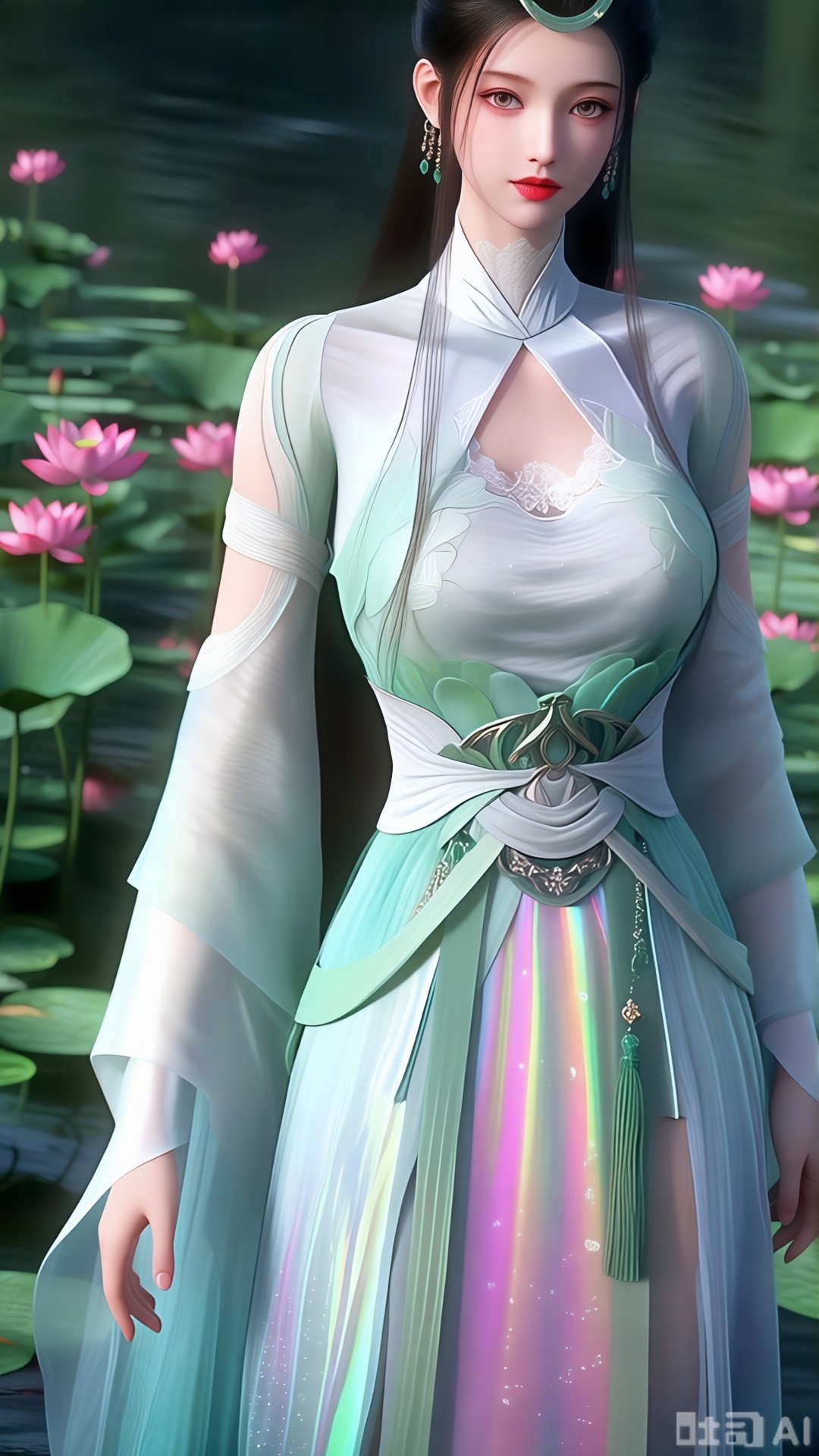 (masterpiece, best quality:1.2),1girl, navel, solo, midriff, bare shoulders, hair ornament,(long hair),(High double ponytail:1.49), red lips, BREAK, (looking at viewer:1.39), chinese clothes,(Holographic long dress:1.36), (lace,Rainbow Gradient Color:1.28), BREAK,blurry, solo focus, long hair, lips, daytime, lipstick, outdoors, standing,upper body,(huge breasts:2.89), background, solo, makeup,(huge breasts,full breasts:1.39),,(Background with lotus pond and pink lotus flowers:1.39),,XlujiajiaQw,XmupeulingHY3,XiPhone17Pro