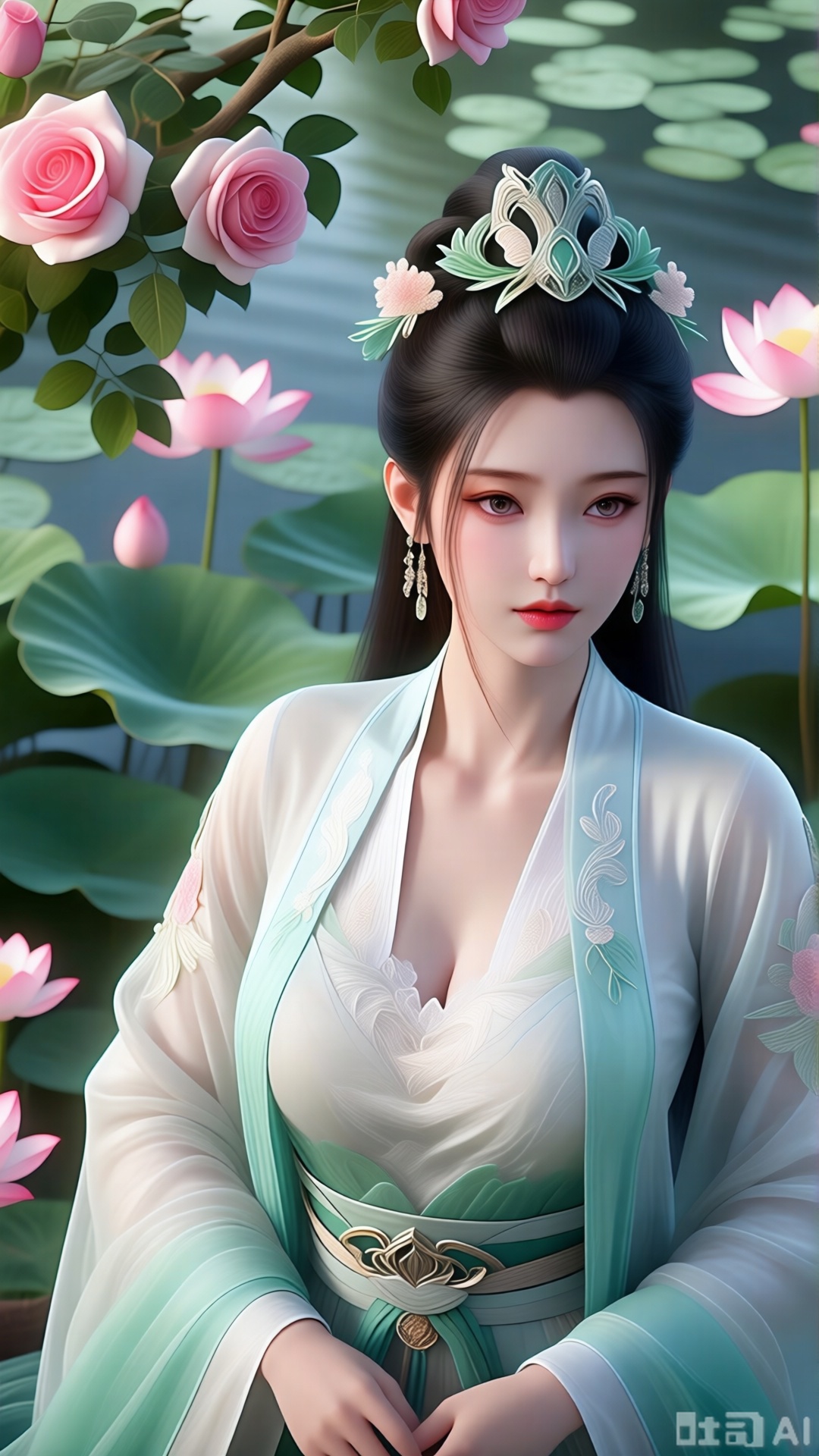  (masterpiece:1.2),best quality,,A woman adorned in traditional Chinese attire,featuring a flowing robe with intricate embroidery and floral accents. A garden filled with pink roses and lush greenery. Soft pastel hues of white,blue,and green,creating a serene atmosphere. Photorealistic photography.,(huge breasts,full breasts:1.39),,(Background with lotus pond and pink lotus flowers:1.39),,XlujiajiaQw,XmupeulingHY3,XiPhone17Pro