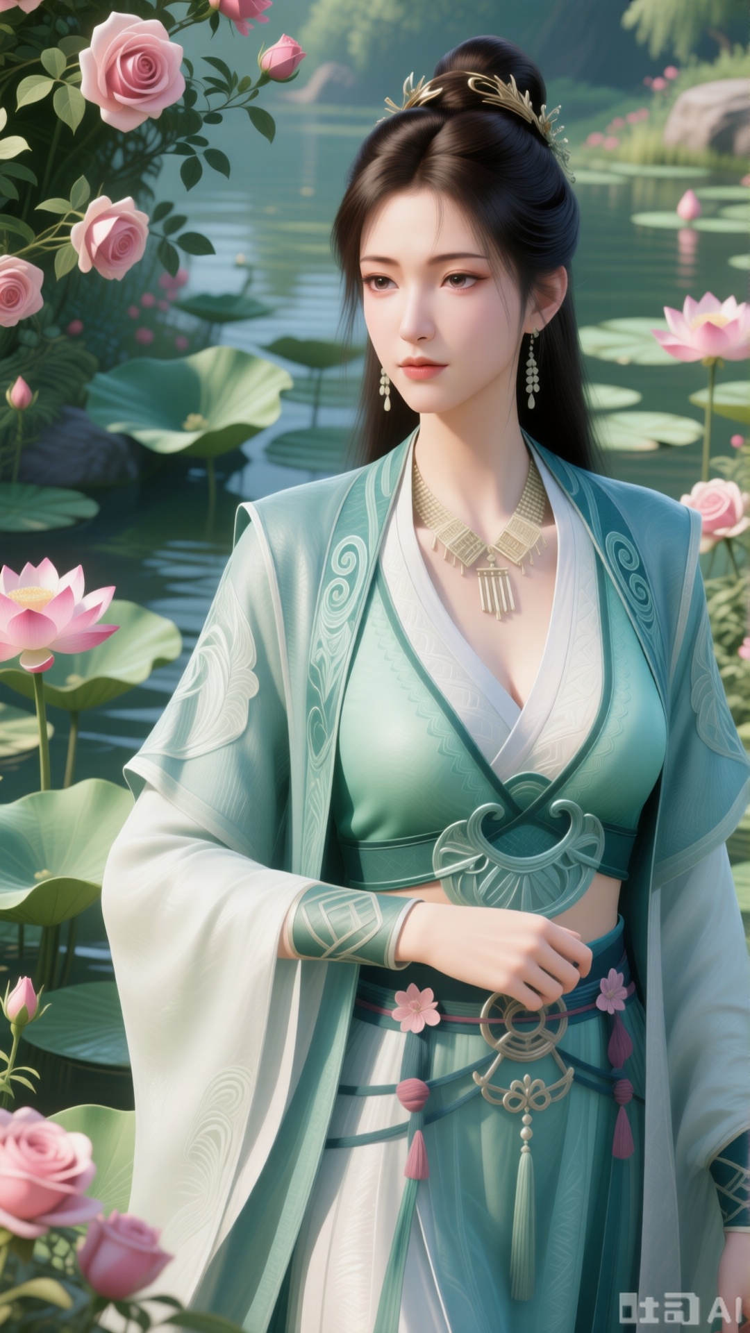  (masterpiece:1.2),best quality,,A woman adorned in traditional Chinese attire,featuring a flowing robe with intricate embroidery and floral accents. A garden filled with pink roses and lush greenery. Soft pastel hues of white,blue,and green,creating a serene atmosphere. Photorealistic photography.,(huge breasts,full breasts:1.39),,(Background with lotus pond and pink lotus flowers:1.39),,XlujiajiaQw,XmupeulingHY3,XiPhone17Pro
