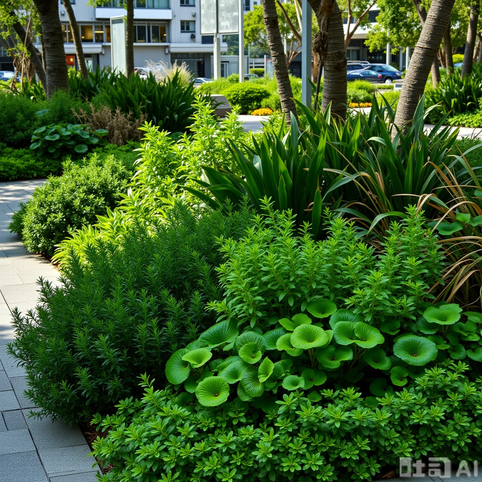  yshj,A photo shows a lush, beautifully landscaped garden in an urban environment. Various green plants and shrubs, such as succulents and ferns, grow densely together. The garden is surrounded by geometric stone pathways. The scene is bright, with natural light illuminating the vibrant green plants. In the background are modern buildings and more greenery, indicating that this is a well-maintained urban park. The image is clear, emphasizing natural textures and colors, typical of contemporary landscape photography style.