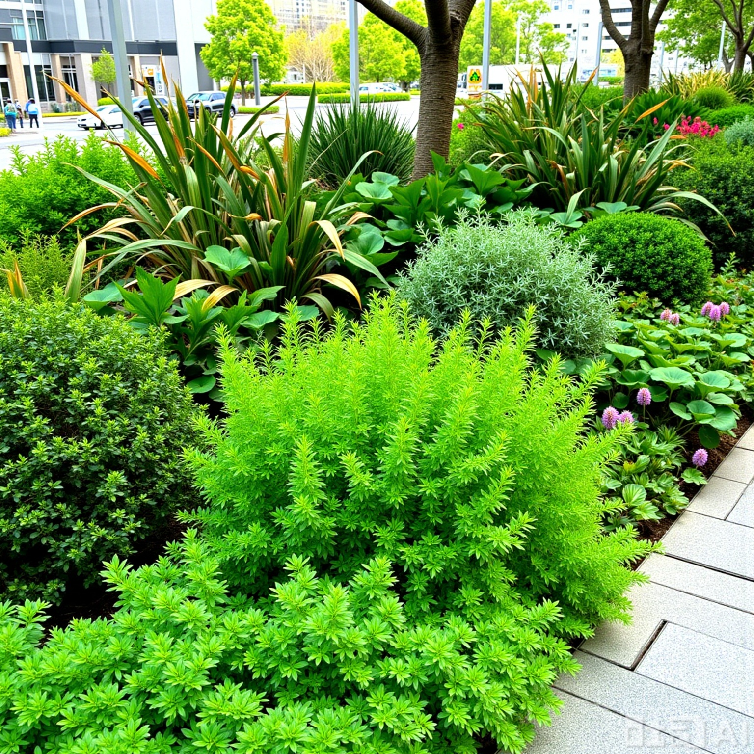 yshj,flower,A photo shows a lush, beautifully landscaped garden in an urban environment. Various green plants and shrubs, such as succulents and ferns, grow densely together. The garden is surrounded by geometric stone pathways. The scene is bright, with natural light illuminating the vibrant green plants. In the background are modern buildings and more greenery, indicating that this is a well-maintained urban park. The image is clear, emphasizing natural textures and colors, typical of contemporary landscape photography style.