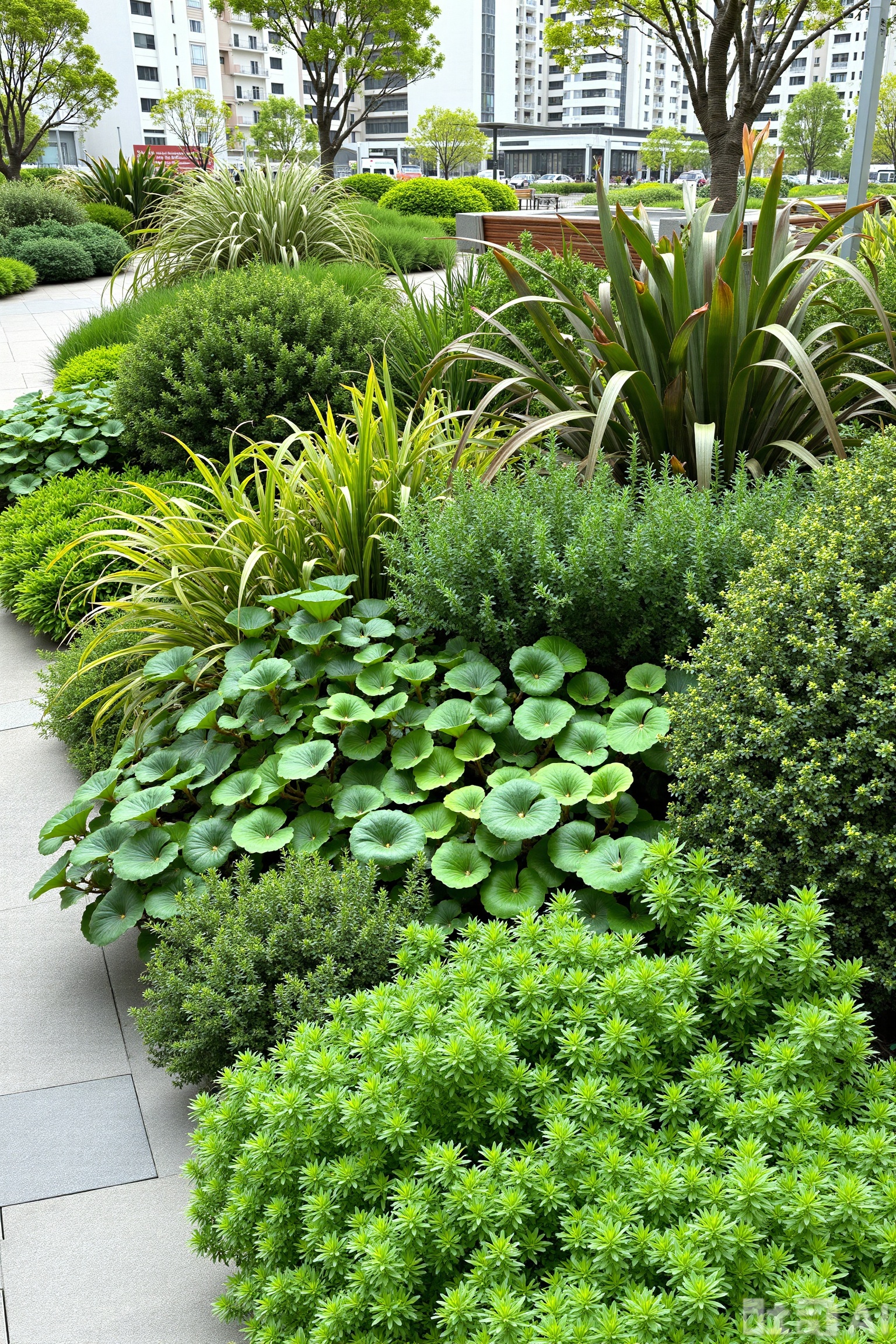  yshj,A photo shows a lush, beautifully landscaped garden in an urban environment. Various green plants and shrubs, such as succulents and ferns, grow densely together. The garden is surrounded by geometric stone pathways. The scene is bright, with natural light illuminating the vibrant green plants. In the background are modern buildings and more greenery, indicating that this is a well-maintained urban park. The image is clear, emphasizing natural textures and colors, typical of contemporary landscape photography style.
