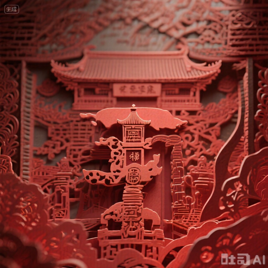 文字"禅",背景是寺庙缩影,立体剪纸