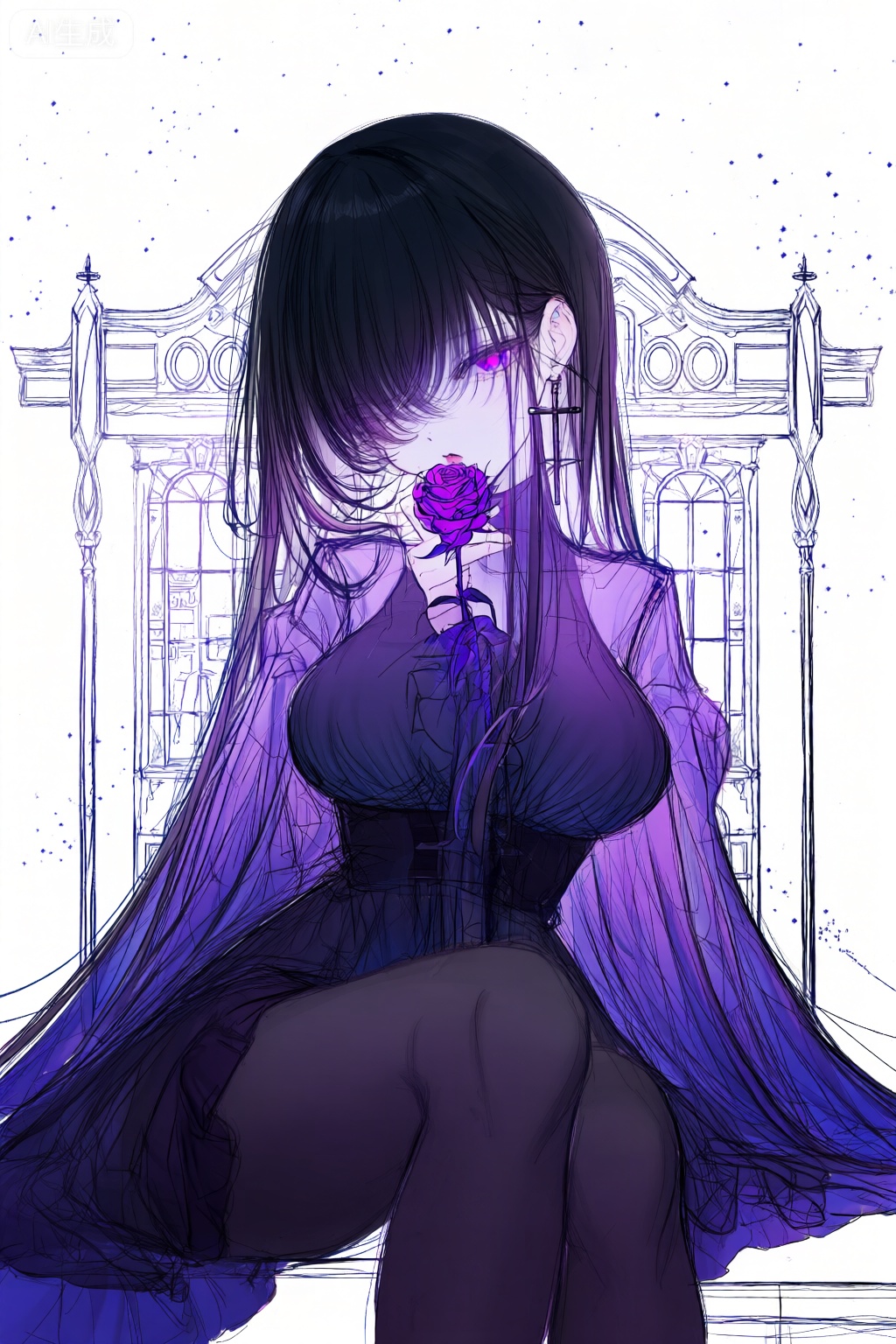 white background,(cropped torso),sketch,1girl,solo,Long hair,black hair,purple gradient hair,purple eyes,blunt bangs,hair over one eye,glowing eyes,medium breasts,large breasts,long sleeves,frilled shirt,waistcoat,dress,choker,cross_earrings,detached_sleeve,black pantyhose,sitting,crossed legs,(half-closed eyes),looking at viewer,smug,mouth open,****,hand raised,chair,French window,purple rose,night,starry sky,masterpiece,bestquality,onnk,line art,line style,