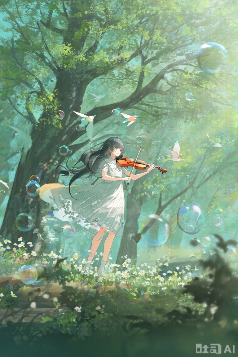 1girl, nature, forest, tree, instrument, outdoors, solo, scenery, music, playing instrument, long hair, bubble, bird, dress, flower, violin, holding instrument, standing, holding, black hair