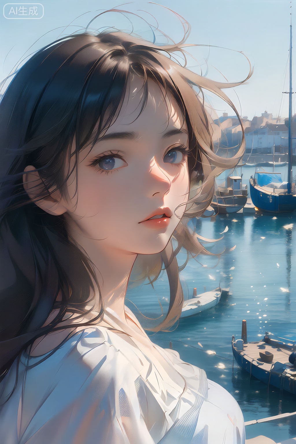 1girl,at the harbor,sea,wind,beautiful,upper body,looking at viewer,masterpiece,extremely detailed,best quality,very aesthetic