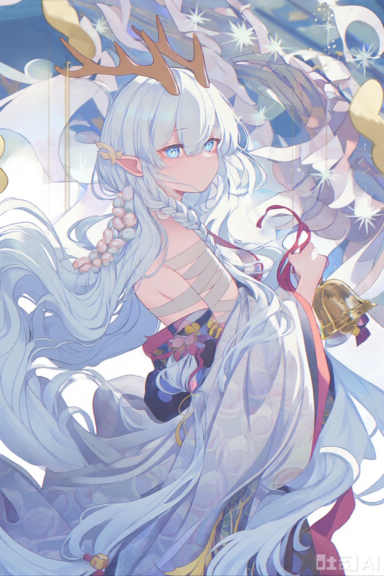 1girl, solo, breasts, dragon tail, horns, tail, long hair, dragon girl, white hair, skirt, braid, twin braids, dragon horns, looking at viewer, pointy ears, blue eyes, bandages, detached sleeves, wide sleeves, medium breasts, japanese clothes, very long hair, bell, flower, bare shoulders, year of the dragon, sideboob, blush, long sleeves, hakama, frills