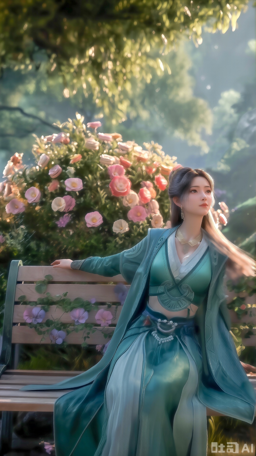  (masterpiece, best quality:1.2),A beauty ,(dress). Leaning on a garden bench filled with macaron - colored flowers,.Sunlight filters through the leaves onto her face, creating a lazy and gentle atmosphere, and her skirt sways softly in the breeze. 8K resolution, detailed texture of knitted fabric, lustrous pearl texture, vivid flower colors, soft natural light, Instagram - style filter texture.,XlujiajiaQw,XmupeulingQwen,XsongyuQwen,XyinyueQwen,XsongyuQwen,XmupeulingHY3