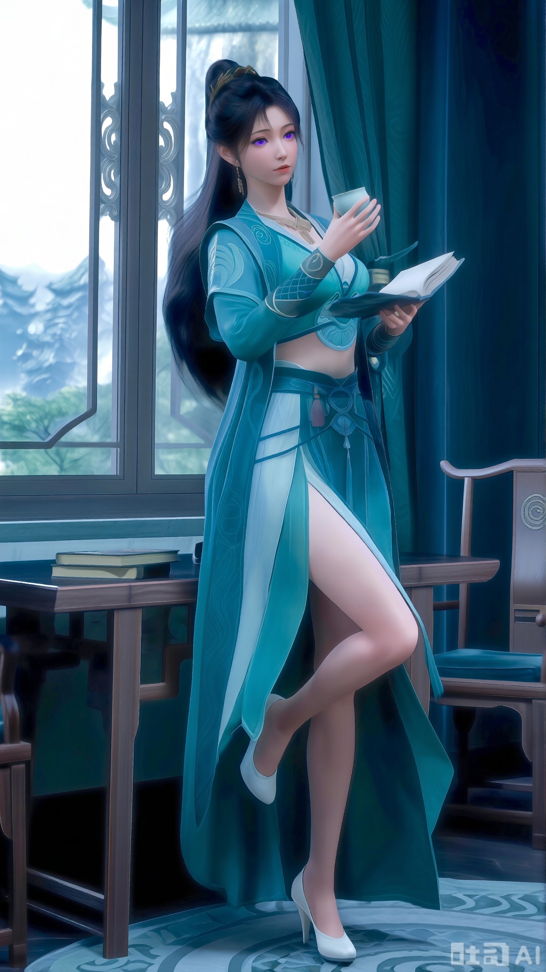 (masterpiece:1.2),Ultra clear, 8k, 1girl, solo, long hair, looking at viewer, bangs,long dress,, bare shoulders, jewelry, black hair, standing, purple eyes, full body, flower, thighs, indoors, hair bun, long dress, high heels, cup, see-through, book, bare legs, window, table, white footwear, standing on one leg, curtains, pink flower, side slit, vase, ,(huge breasts:2.99),(full breasts:2.99),,XlujiajiaQw,XmupeulingQwen,XsongyuQwen,XyinyueQwen,XsongyuQwen,XmupeulingHY3
