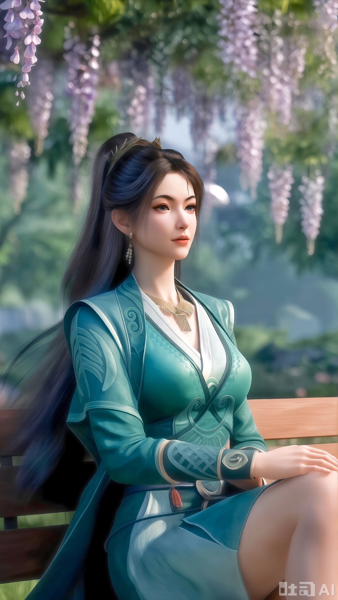  (masterpiece,best quality:1.23),portrait of a stewardess, beautiful face, perfect hourglass figure, China Southern Airlines uniform, sitting on a park bench, wisteria vines, blooming flowers, soft focus, out-of-focus background,(huge breasts, full breasts:2.99),XlujiajiaQw,XmupeulingQwen,XsongyuQwen,XyinyueQwen,XsongyuQwen,XmupeulingHY3