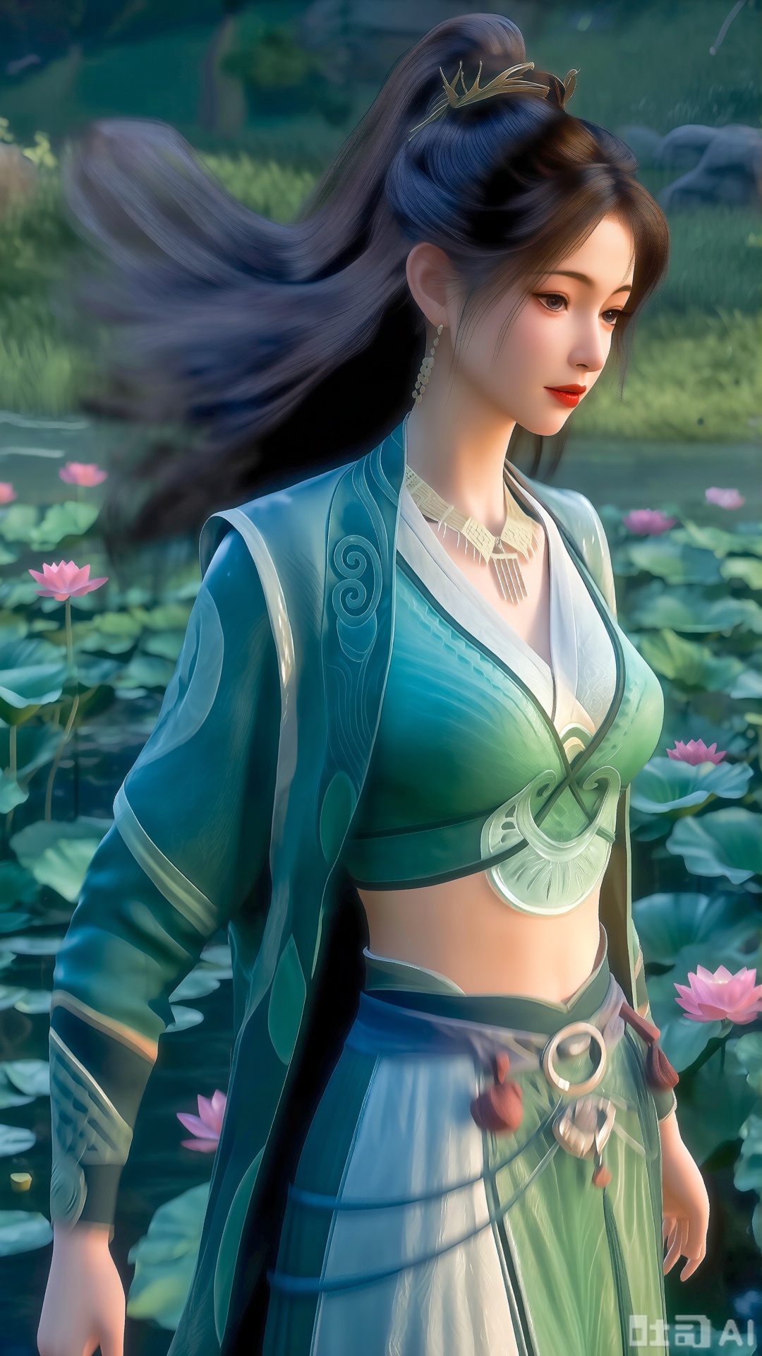 (masterpiece, best quality:1.2),1girl, navel, solo, midriff, bare shoulders, hair ornament,(long hair),(High double ponytail:1.49), red lips, BREAK, (looking at viewer:1.39), chinese clothes,(Holographic long dress:1.36), (lace,Rainbow Gradient Color:1.28), BREAK,blurry, solo focus, long hair, lips, daytime, lipstick, outdoors, standing,upper body,(huge breasts:2.89), background, solo, makeup,(Liquid glass style flowers:1.49),(huge breasts:2.99),(full breasts:2.99),,(Background with lotus pond and pink lotus flowers:1.39),XlujiajiaQw,XmupeulingQwen,XsongyuQwen,XyinyueQwen,XsongyuQwen,XmupeulingHY3