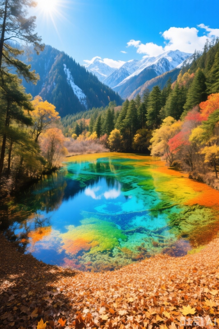This is a painting depicting the beautiful natural scenery of Jiuzhaigou. The main subject of the painting is the Five - Colored Pool in Jiuzhaigou, which is made by (glass material: 1.2). The lake water shows a riot of colors, including blue, green, yellow, orange, etc., and it is incredibly beautiful. The scene is set in the mountain forest of Jiuzhaigou, surrounded by (luxuriant trees: 1.3). The trees are lush and their branches and leaves are thick, including pine, cypress, maple, etc. The ground is covered with a thick layer of fallen leaves, forming a natural carpet. In the distance, there are rolling mountains covered with snow, which forms a sharp contrast with the colors of the Five - Colored Pool. This is a long - shot, taken from a bird's - eye view, showing the entire Five - Colored Pool and the surrounding mountain forest. The background of the painting is blue sky and white clouds, with bright sunshine. The sky is as blue as a gem, and the clouds are as white as snow. The whole picture creates a (quiet and dreamy atmosphere: 1.4), as if one is in a fairy - tale world. The sunlight shines down from the sky, creating (bright and soft light and shadow: 1.2) that illuminates the entire picture. The viewer's perspective is from a high place looking down, as if soaring in the sky, admiring this beautiful scenery. The painting has (delicate brushstrokes: 1.3), which can clearly show the colors of the Five - Colored Pool and the details of the surrounding mountain forest.,fengjing