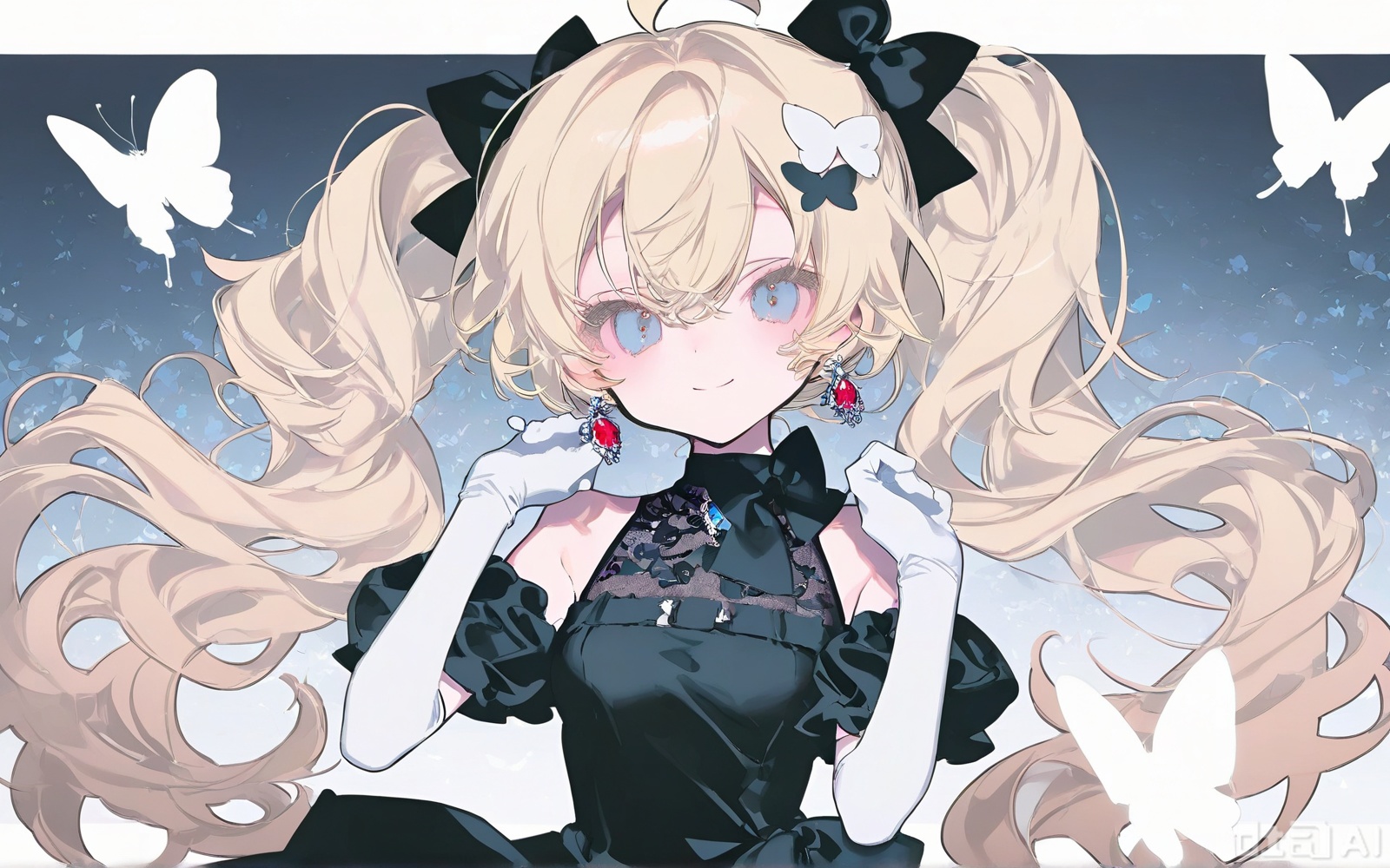 1girl, solo, long hair, breasts, looking at viewer, smile, bangs, blue eyes, blonde hair, hair ornament, gloves, dress, bow, hair between eyes, bare shoulders, jewelry, closed mouth, ahoge, hair bow, earrings, small breasts, sleeveless, elbow gloves, white gloves, black dress, sleeveless dress, letterboxed, butterfly hair ornament,