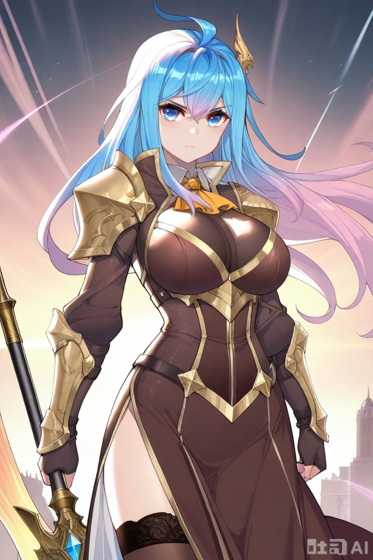 1girl, solo, long hair, breasts, looking at viewer, bangs, blue eyes, large breasts, hair ornament, thighhighs, gloves, long sleeves, holding, hair between eyes, closed mouth, blue hair, standing, weapon, pink hair, ahoge, multicolored hair, black gloves, black thighhighs, fingerless gloves, holding weapon, armor,  gradient hair, polearm, shoulder armor,  side slit,  brown thighhighs, 王秋儿,