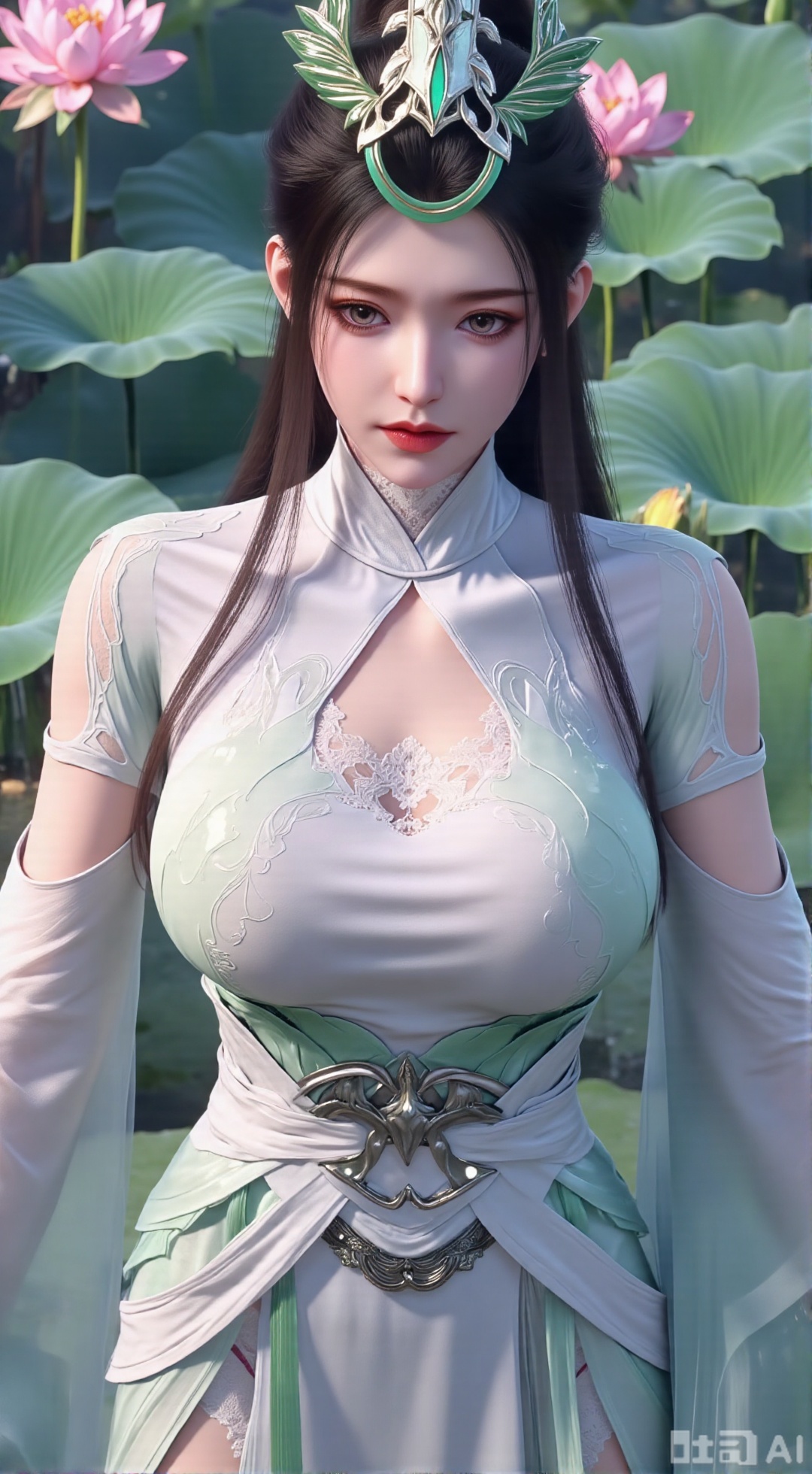 (masterpiece, best quality:1.2),1girl, navel, solo, midriff, bare shoulders, hair ornament,(long hair),(High double ponytail:1.49), red lips, BREAK, (looking at viewer:1.39), chinese clothes,(Holographic long dress:1.36), (lace,Rainbow Gradient Color:1.28), BREAK,blurry, solo focus, long hair, lips, daytime, lipstick, outdoors, standing,upper body,(huge breasts:2.89), background, solo, makeup,(Liquid glass style flowers:1.49),(huge breasts:2.99),(full breasts:2.99),,(Background with lotus pond and pink lotus flowers:1.39),XyunxiaoYH3,,XbaifengsongyuYH,Xbigbreasts,Xxuenvxuedi,XyanqingfeiX,Xloubeidress,XyinyueX3,Xxihechengzhu,Xyunwangshuchengzhu,Xxinghuanwang01,XlujiajiaYH,Xxinghuanwang001