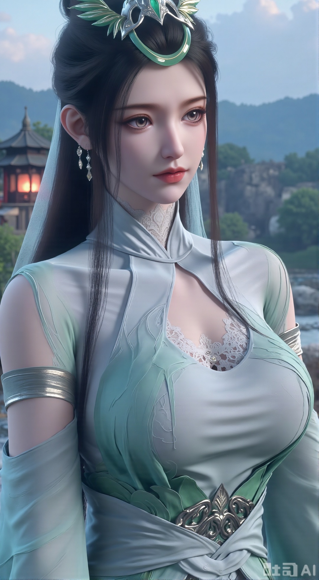 (masterpiece, best quality:1.2),1 girl, solo, long hair, black hair, hair accessories, clothing, cleavage cuts, long dress, jewelry, upper body, earrings. Background is outdoor, sky, clouds, water, trees, architecture, landscape, lantern, mountain, dragon, architecture, bridge, east Asian architecture, fog, pagoda,,(huge breasts:2.99),(full breasts:2.99),XyunxiaoYH3,,XbaifengsongyuYH,Xbigbreasts,Xxuenvxuedi,XyanqingfeiX,Xloubeidress,XyinyueX3,Xxihechengzhu,Xyunwangshuchengzhu,Xxinghuanwang01,XlujiajiaYH,Xxinghuanwang001