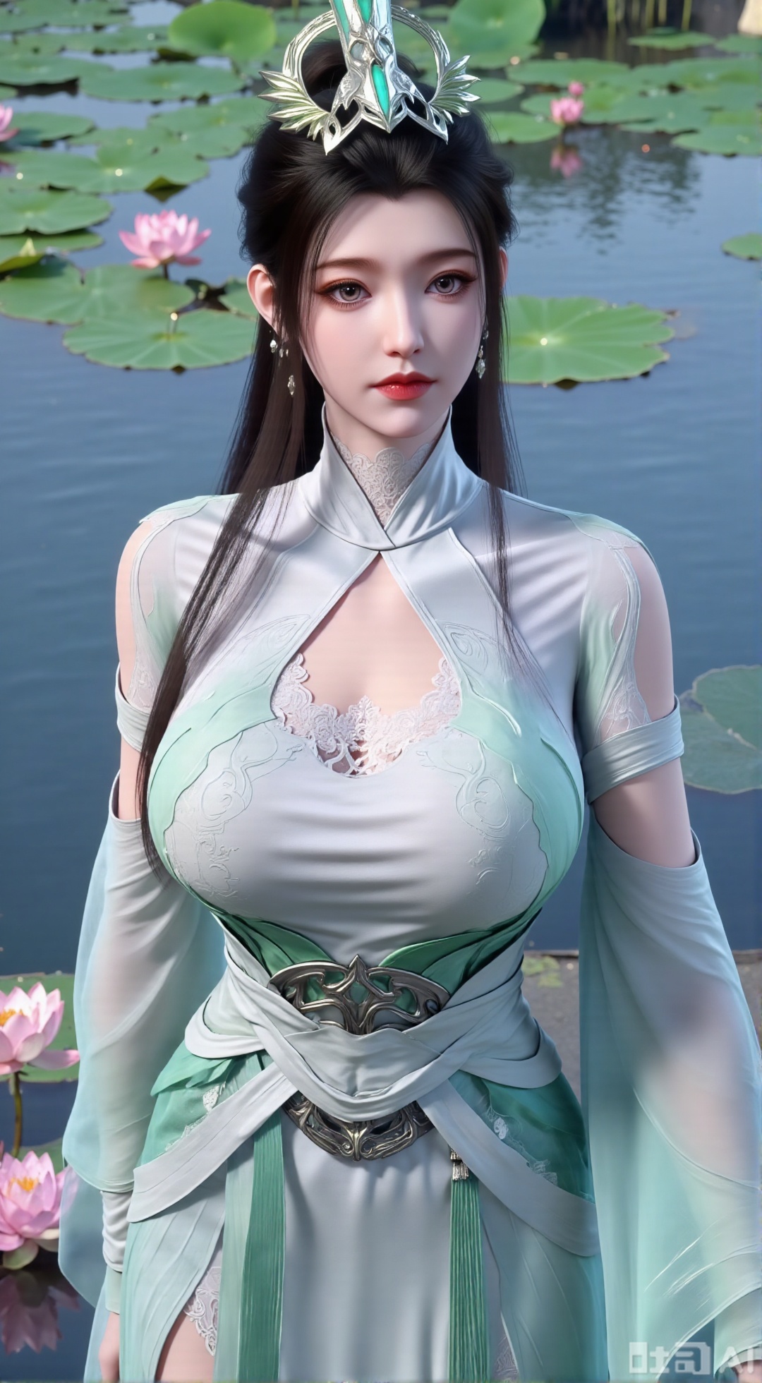 (masterpiece, best quality:1.2),1girl, navel, solo, midriff, bare shoulders, hair ornament,(long hair),(High double ponytail:1.49), red lips, BREAK, (looking at viewer:1.39), chinese clothes,(Holographic long dress:1.36), (lace,Rainbow Gradient Color:1.28), BREAK,blurry, solo focus, long hair, lips, daytime, lipstick, outdoors, standing,upper body,(huge breasts:2.89), background, solo, makeup,(Liquid glass style flowers:1.49),(huge breasts:2.99),(full breasts:2.99),,(Background with lotus pond and pink lotus flowers:1.39),XyunxiaoYH3,,XbaifengsongyuYH,Xbigbreasts,Xxuenvxuedi,XyanqingfeiX,Xloubeidress,XyinyueX3,Xxihechengzhu,Xyunwangshuchengzhu,Xxinghuanwang01,XlujiajiaYH,Xxinghuanwang001